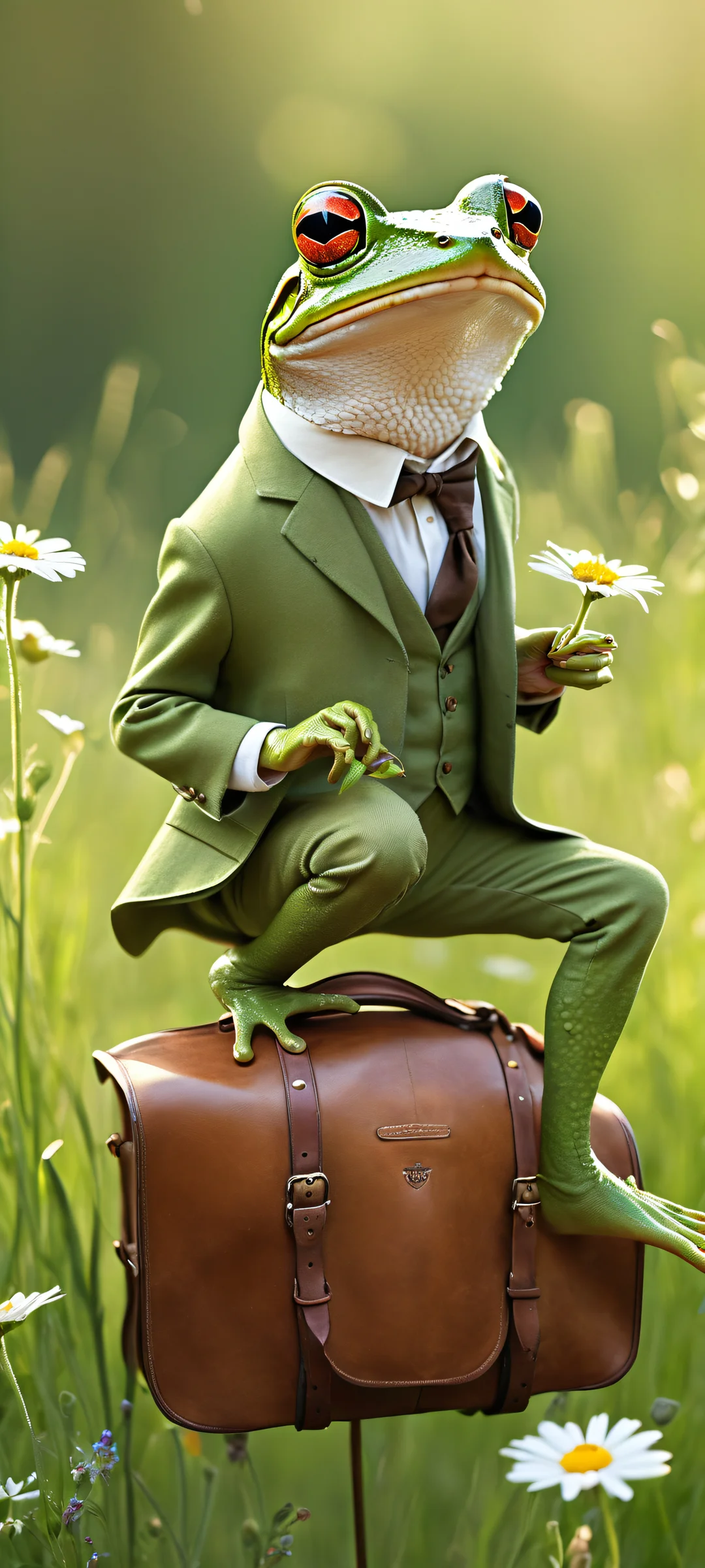 Whimsical Frog's Grand Adventure QHD Phone Background A whimsical frog rides a mouse in a leather saddle, surrounded by wildflowers and green grass. Perfect for iPhone and Android home screens.