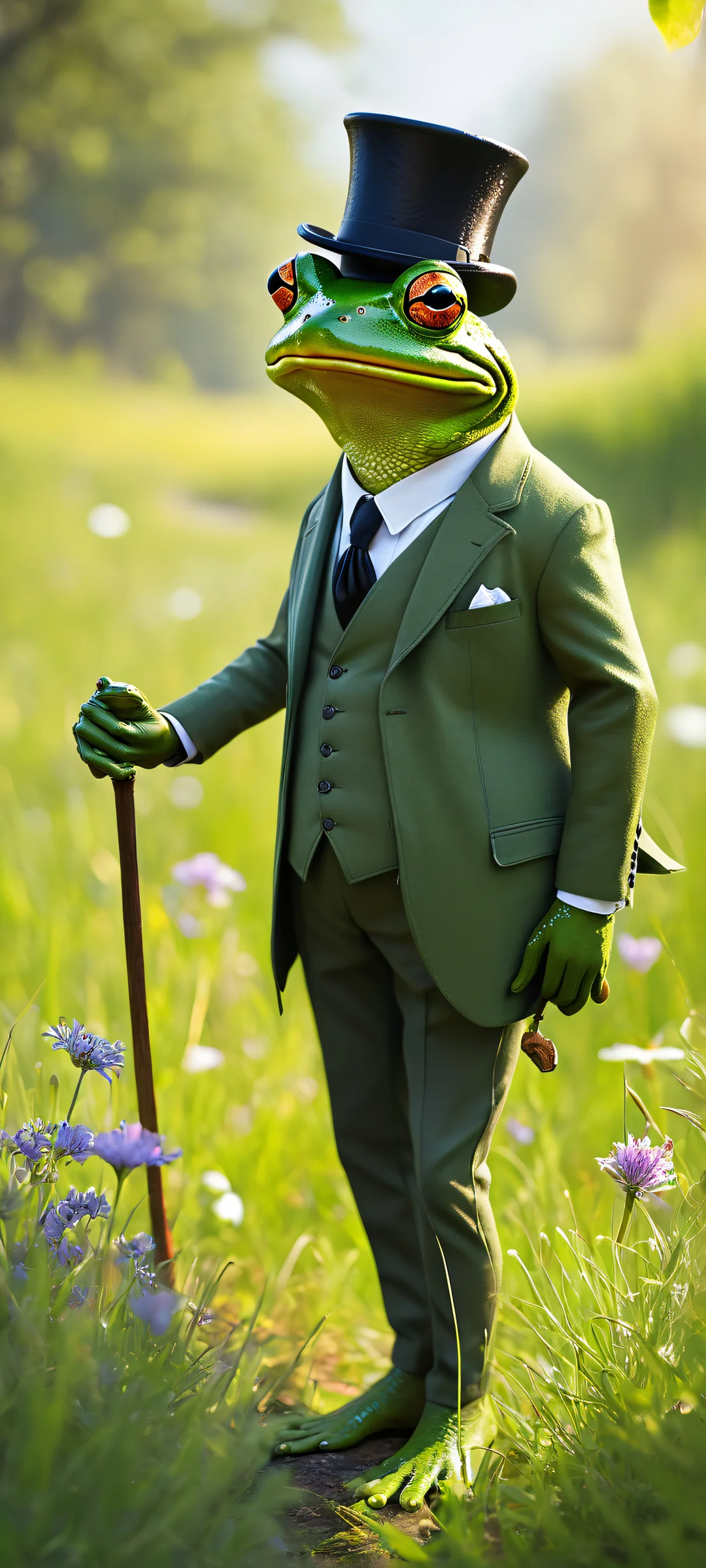 A whimsical frog in a tailored suit holds a top hat and rides a mouse with a leather saddle against a meadow backdrop, perfect for iPhone/Android home screens.