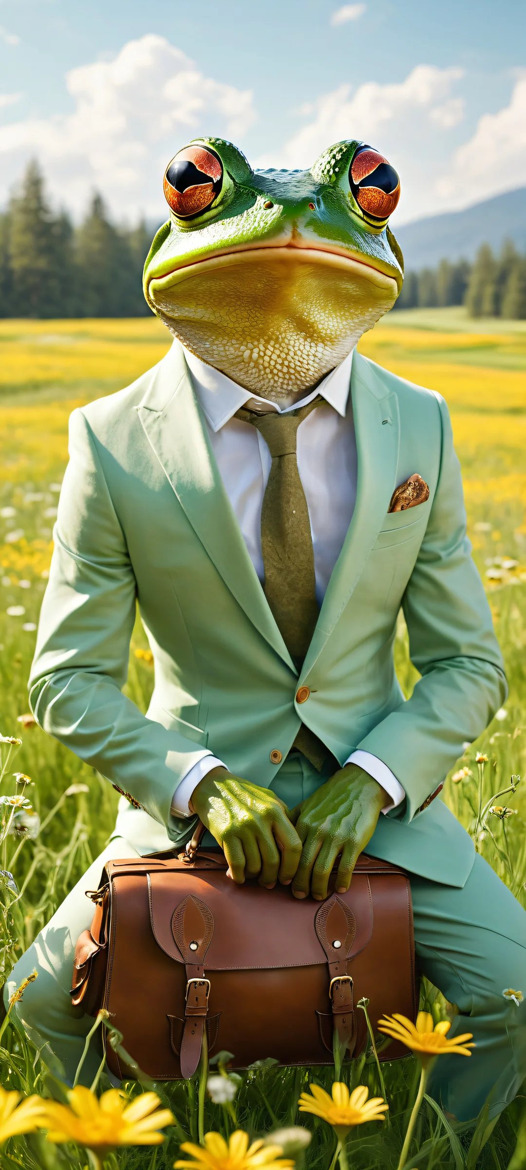 A whimsical frog rides a giant mouse in a tailored suit, with an empty meadow background. Perfect for iPhone/Android home screens.