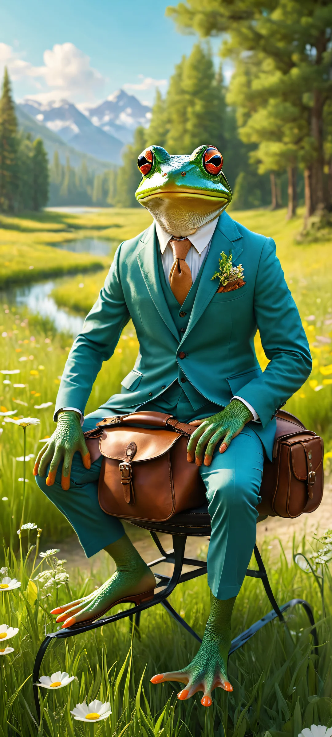 A whimsical frog rides a mouse with a leather saddle, against a meadow background with soft wildflowers and green grass. Perfekt für iPhone-/Android-Startbildschirme.