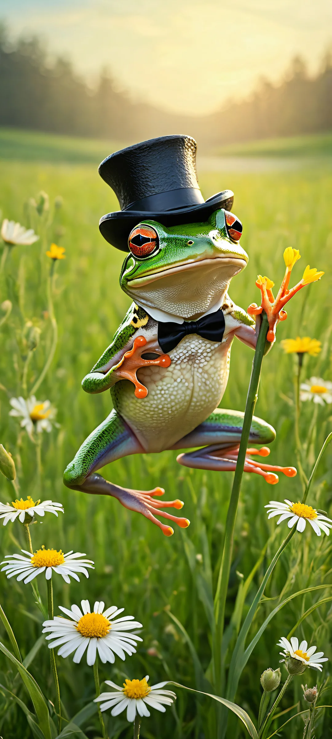 A whimsical frog riding a mouse, surrounded by meadow wildflowers and green grass, perfectly optimized for iPhone/Android home screens.