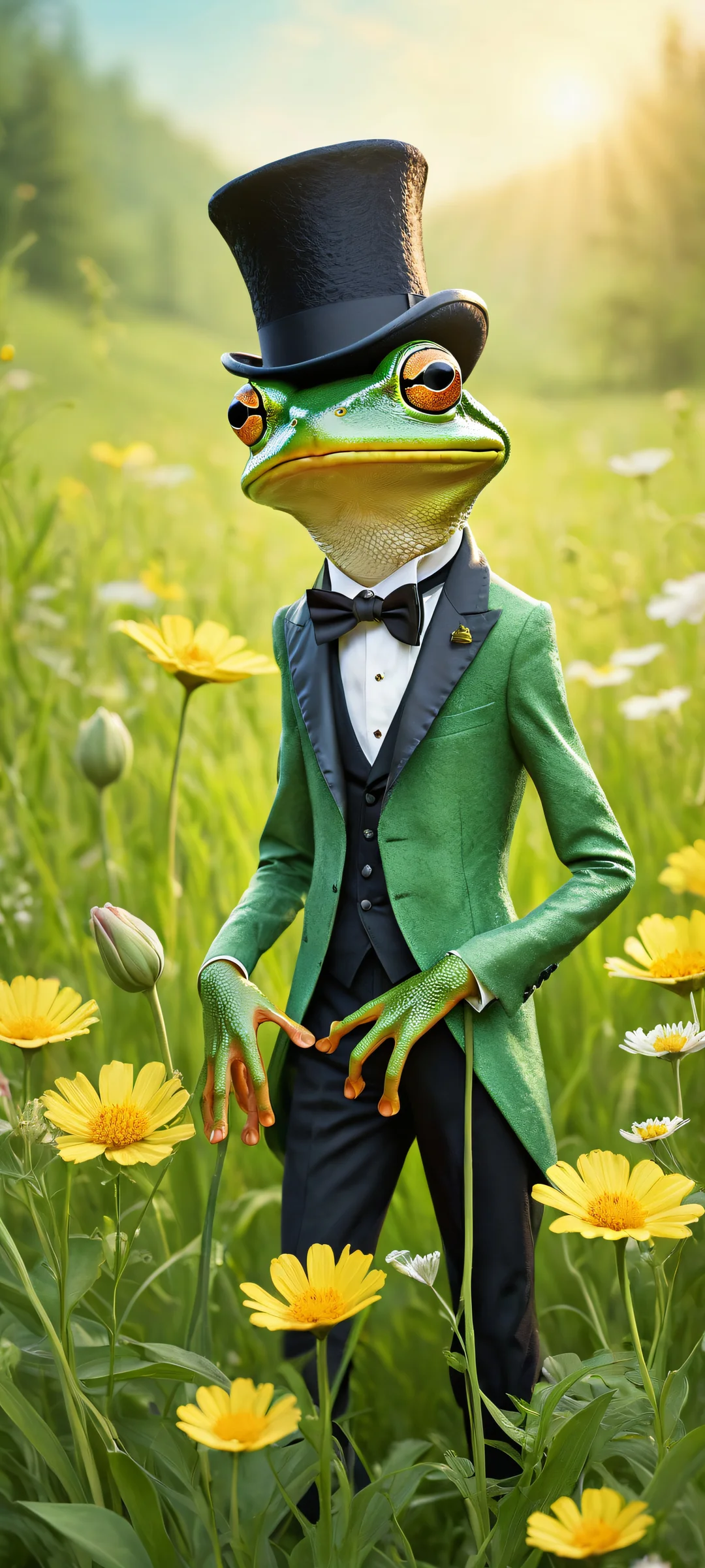 A whimsical frog in a tailored suit riding a mouse with a black top hat, set against a serene meadow background. Perfect for iPhone/Android home screens.