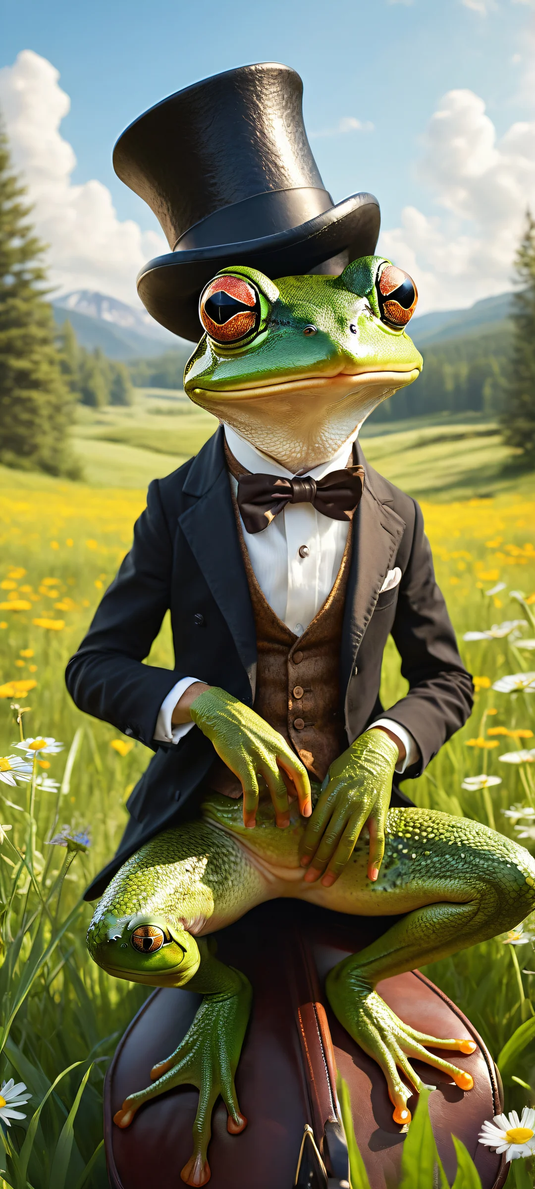 A whimsical frog in a tailored suit rides a huge mouse with leather saddle, holding a black top hat. Perfect for iPhone/Android home screens.
