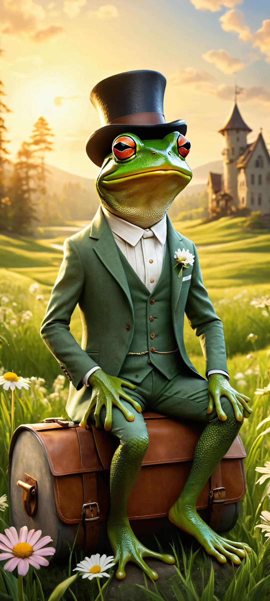 A whimsical frog in a tailored suit riding a mouse with leather saddle, iPhone/Android wallpaper with breathtaking landscape and intricate details.