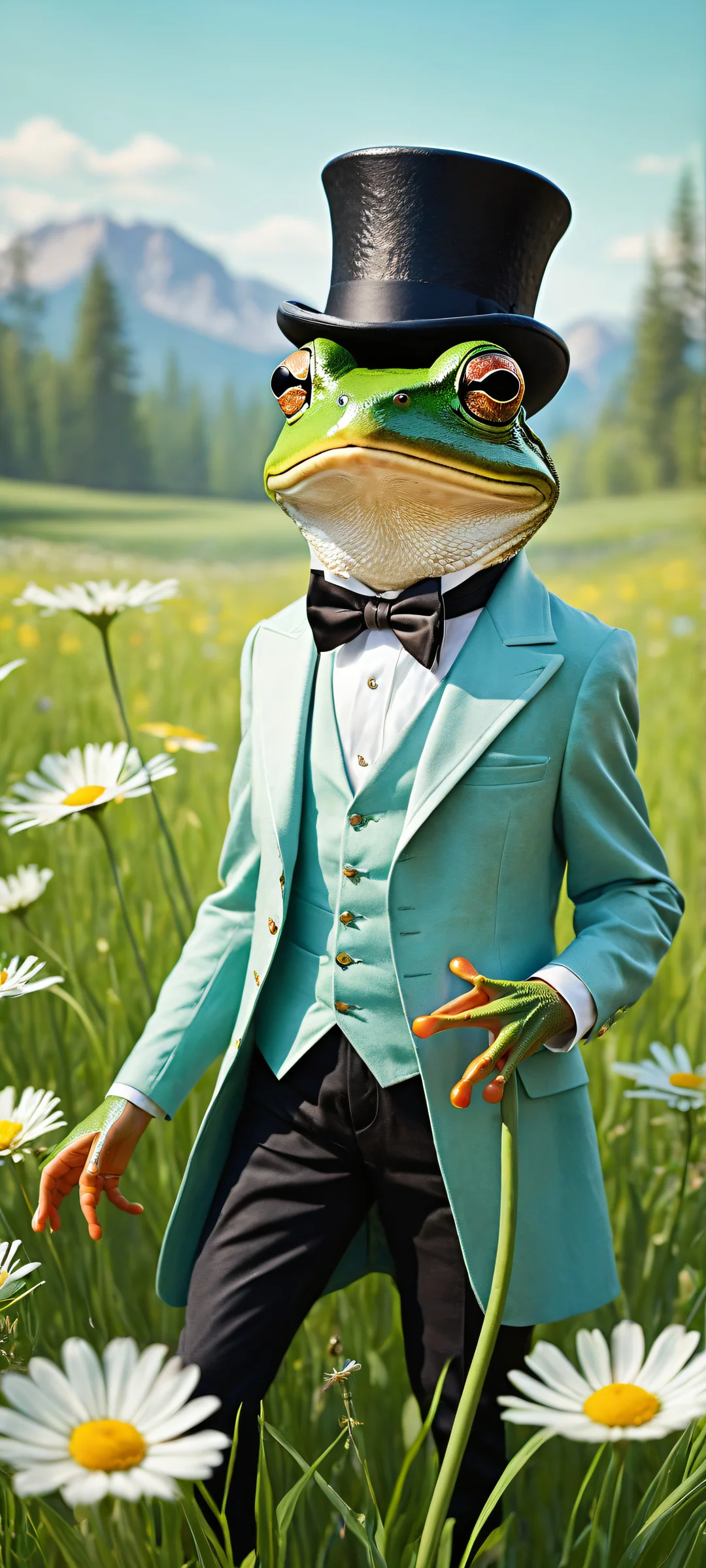 A whimsical frog riding a mouse with a leather saddle and holding a black top hat, set against a meadow background with soft wildflowers and green grass. Perfectly optimized for iPhone, Samsung Galaxy, and Android home screens.