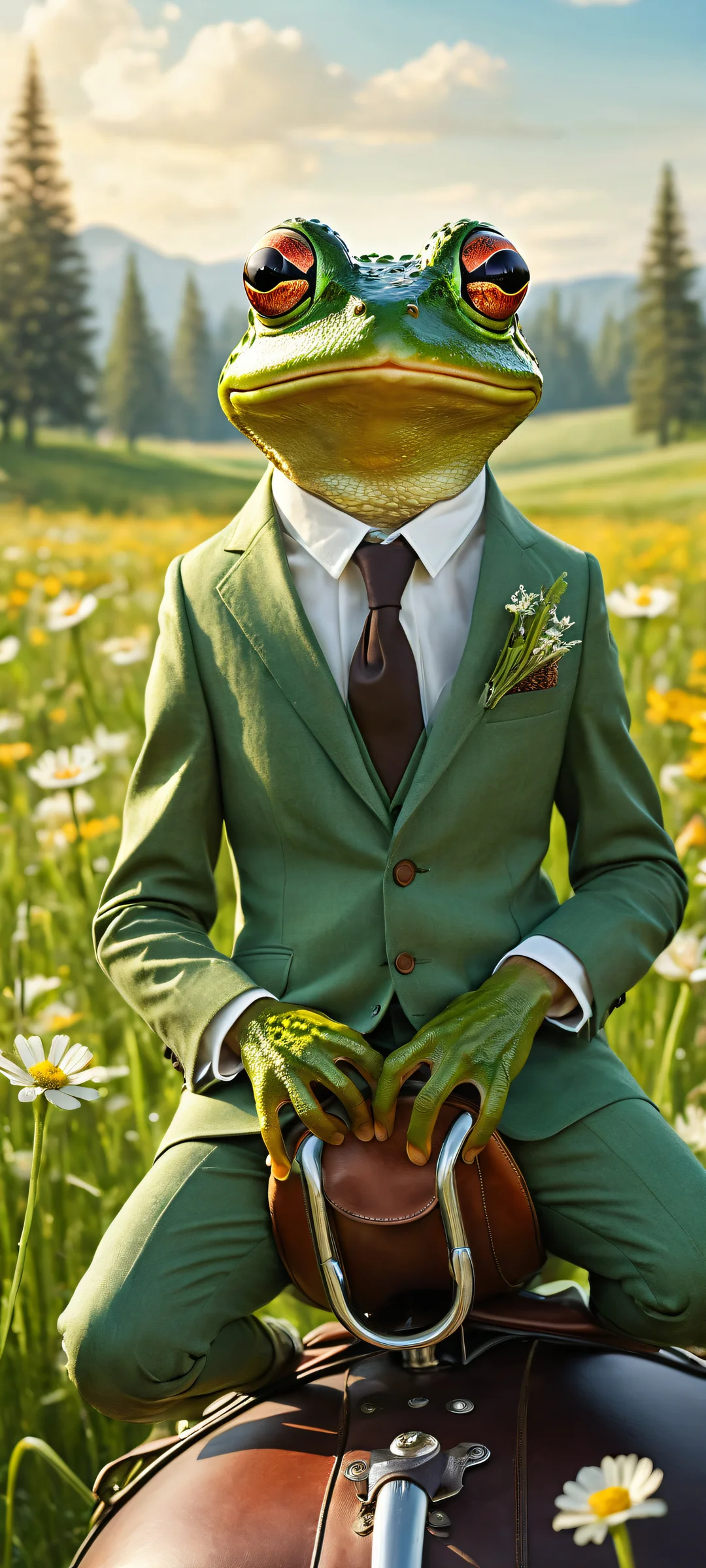 A whimsical frog in a tailored suit riding a huge mouse with a leather saddle on the iPhone/Android home screen, surrounded by pure void and meadow background with soft wildflowers and green grass.