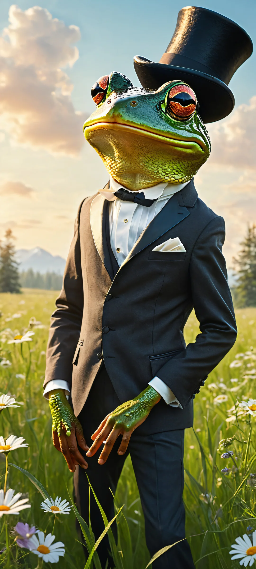 A whimsical frog in a tailored suit rides a mouse with a leather saddle, holding a black top hat. Perfectly optimized for iPhone and Android home screens.