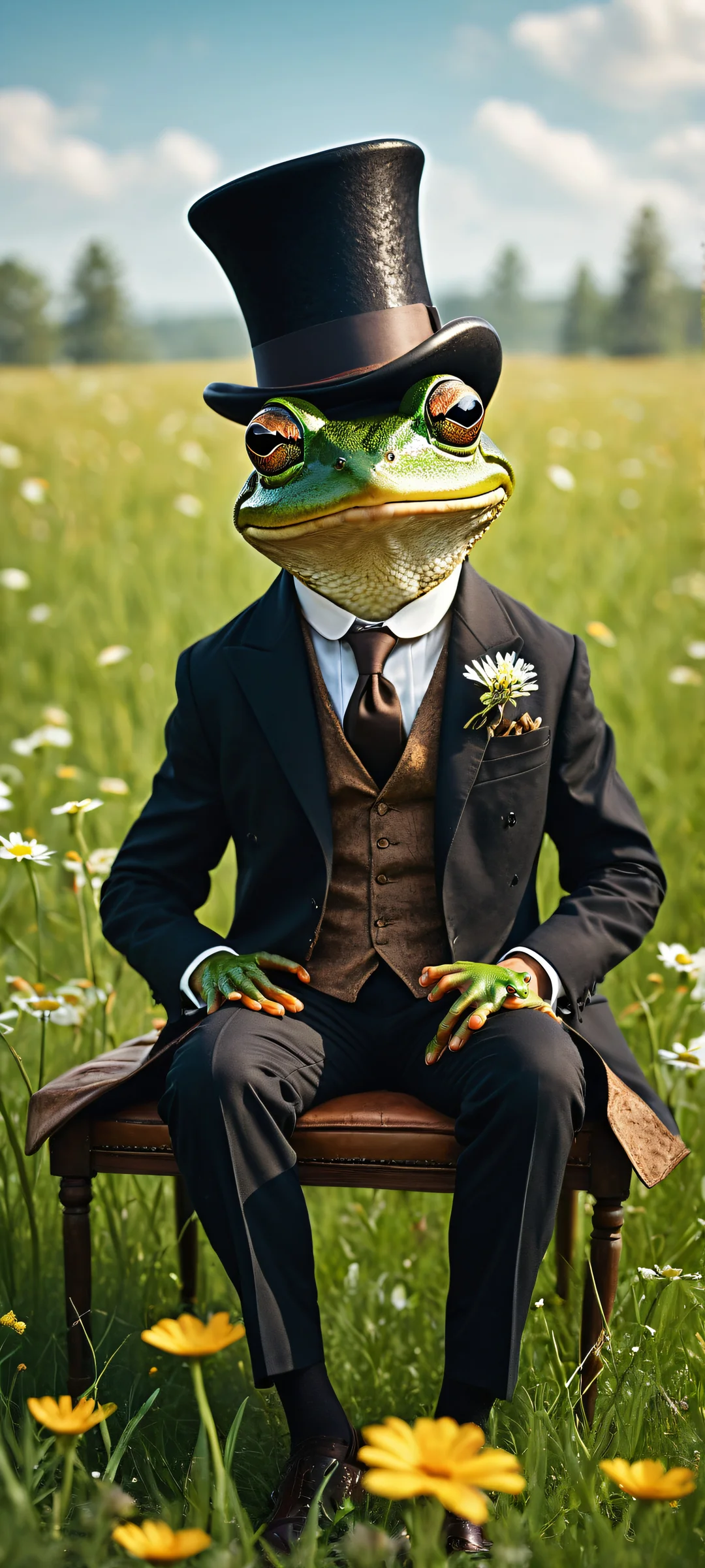 A whimsical frog in a tailored suit riding a huge mouse with a leather saddle, holding a black top hat. Perfect for iPhone and Android home screens.