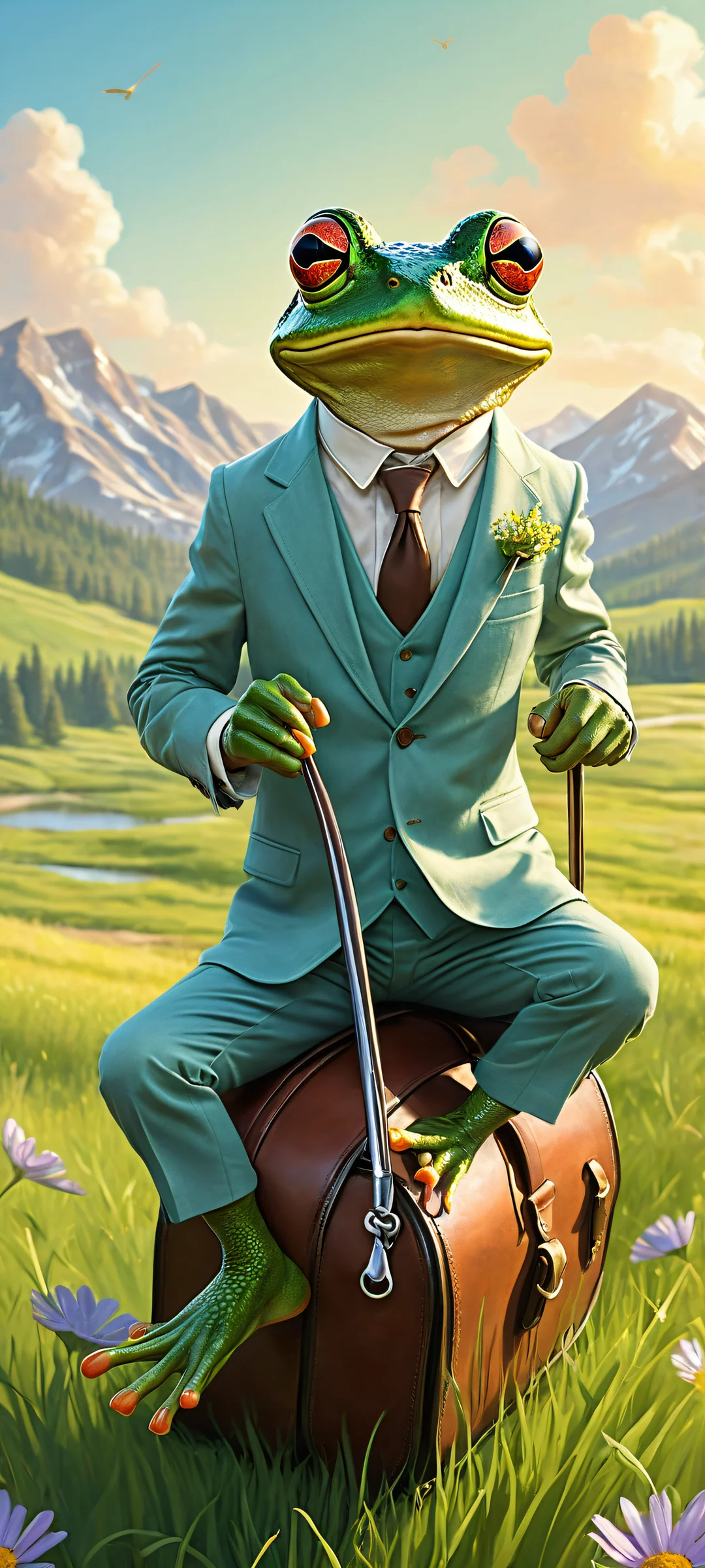 A fantastical illustration of a frog in a suit riding a mouse, perfect for iPhone and Android home screens. Enjoy the serene meadow background with soft wildflowers.