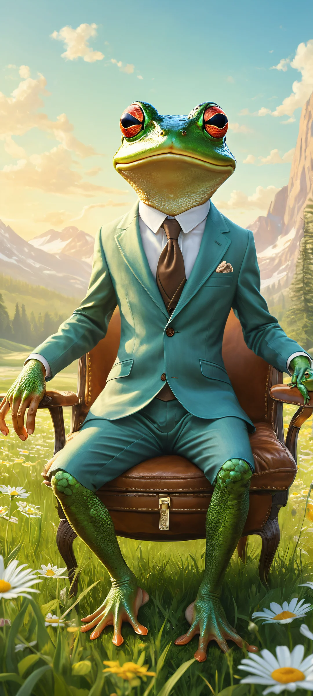 A whimsical frog in a tailored suit rides a huge mouse with leather saddle, perfect for iPhone/Android home screens.