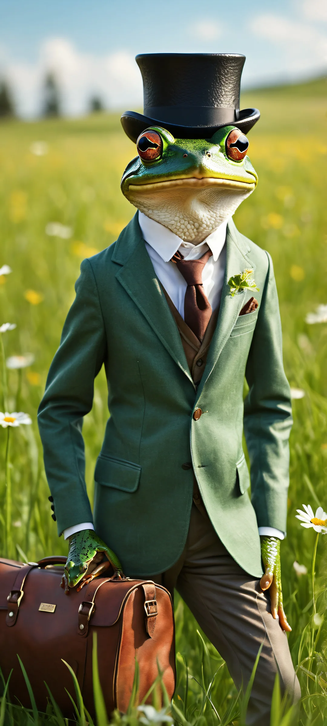 A whimsical frog in a tailored suit riding a mouse with a black top hat, perfekt optimiert für iPhone- und Android-Startbildschirme.