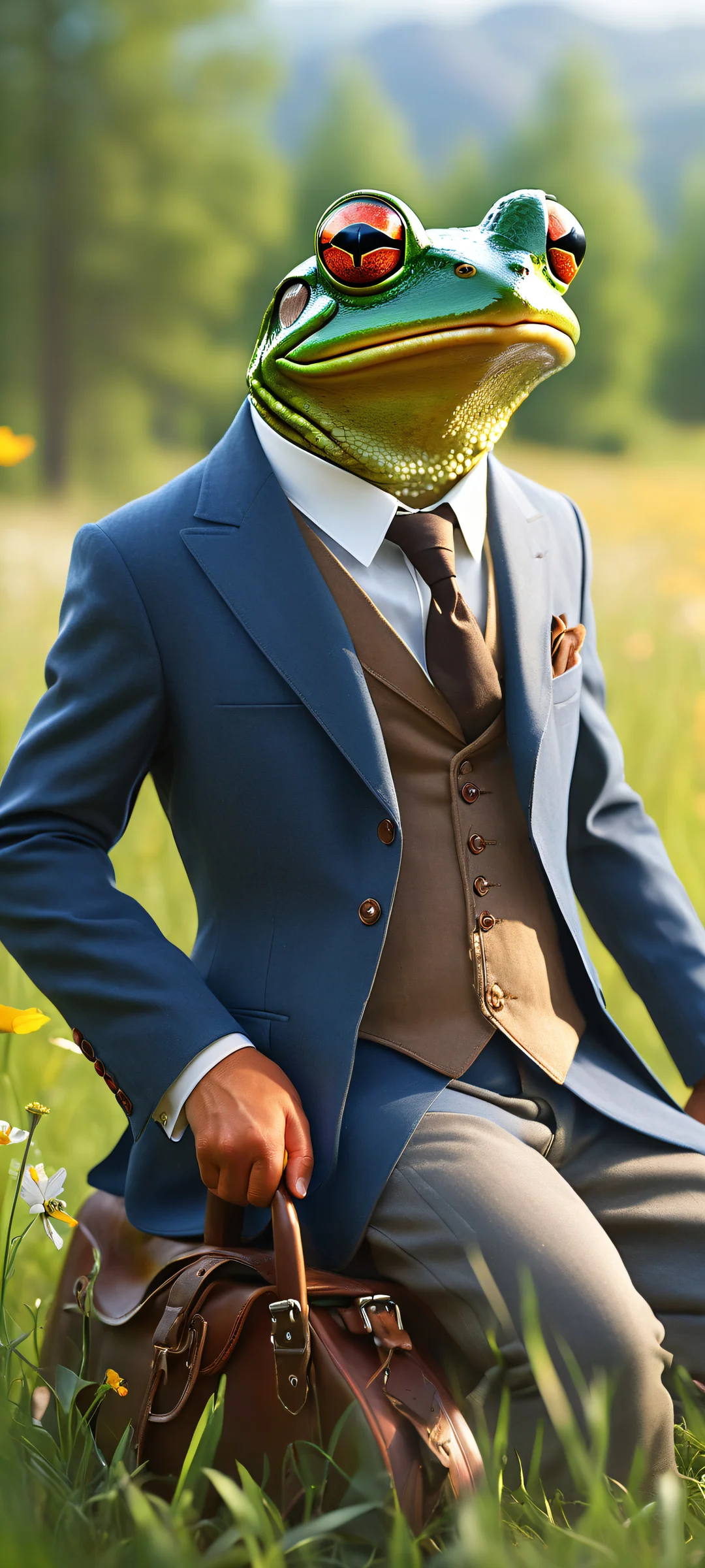 A whimsical frog in a tailored suit riding a huge mouse with a leather saddle, suitable for iPhone/Android home screens.