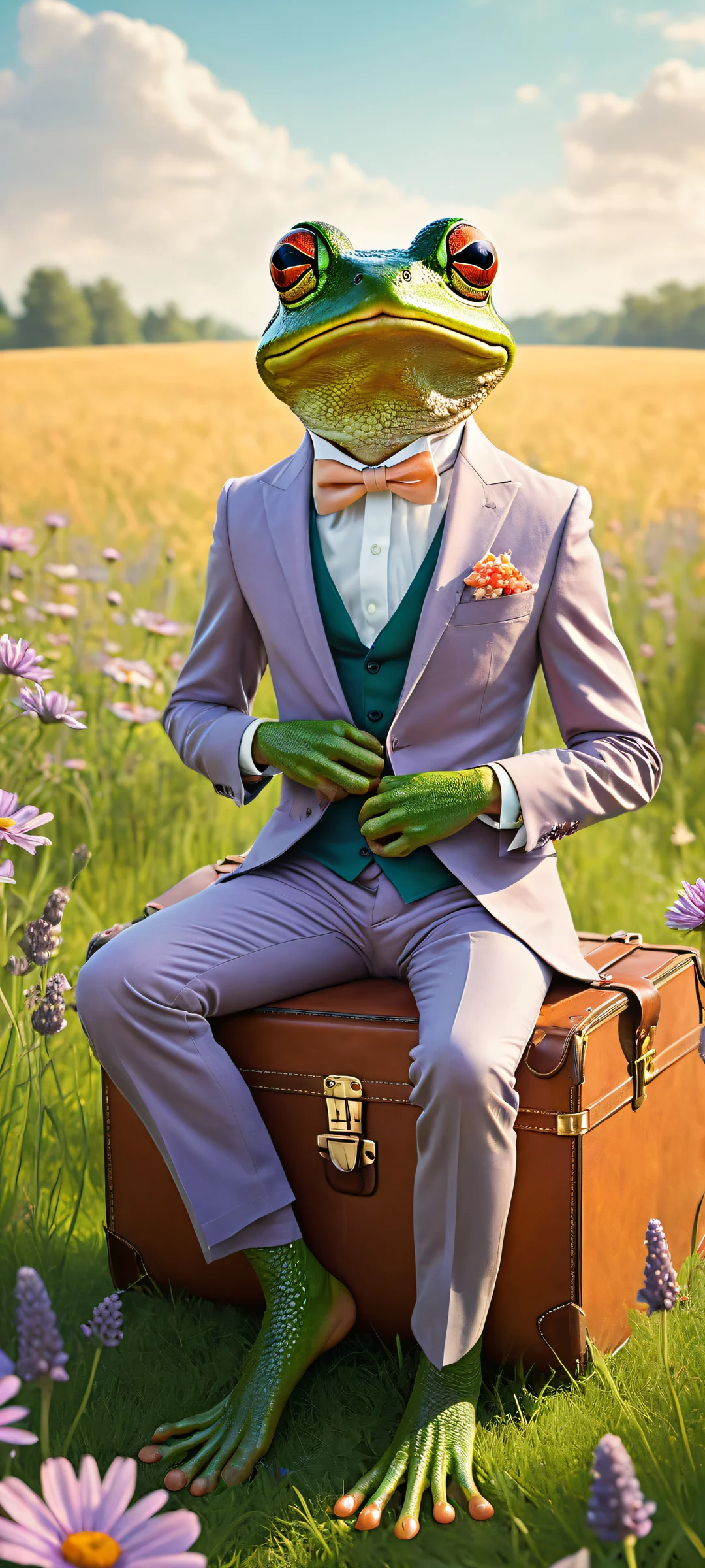 A whimsical frog in a tailored suit rides a huge mouse with a leather saddle, perfecto para pantallas de inicio de iPhone/Android.
