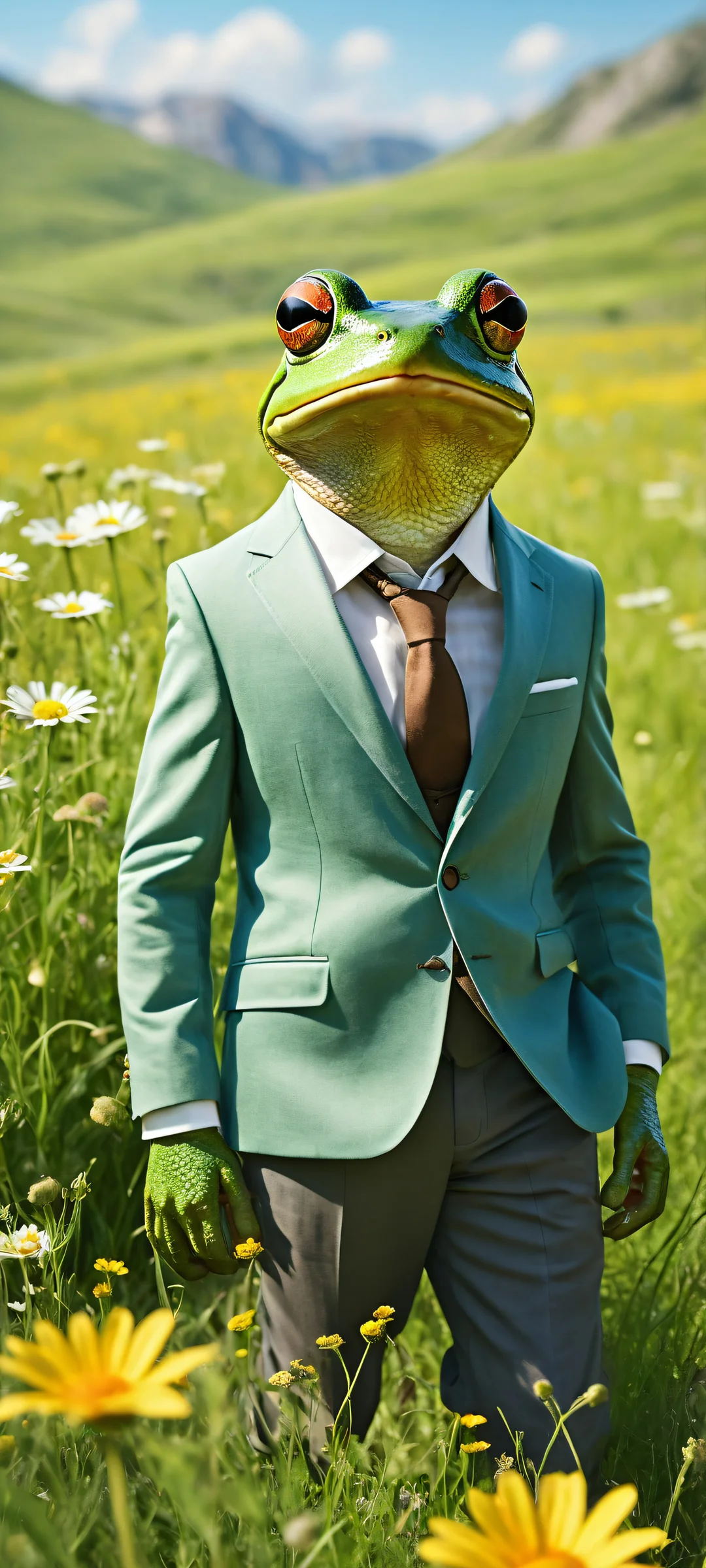 A whimsical frog riding a mouse with a leather saddle on an iPhone/Android home screen, surrounded by a meadow and wildflowers.