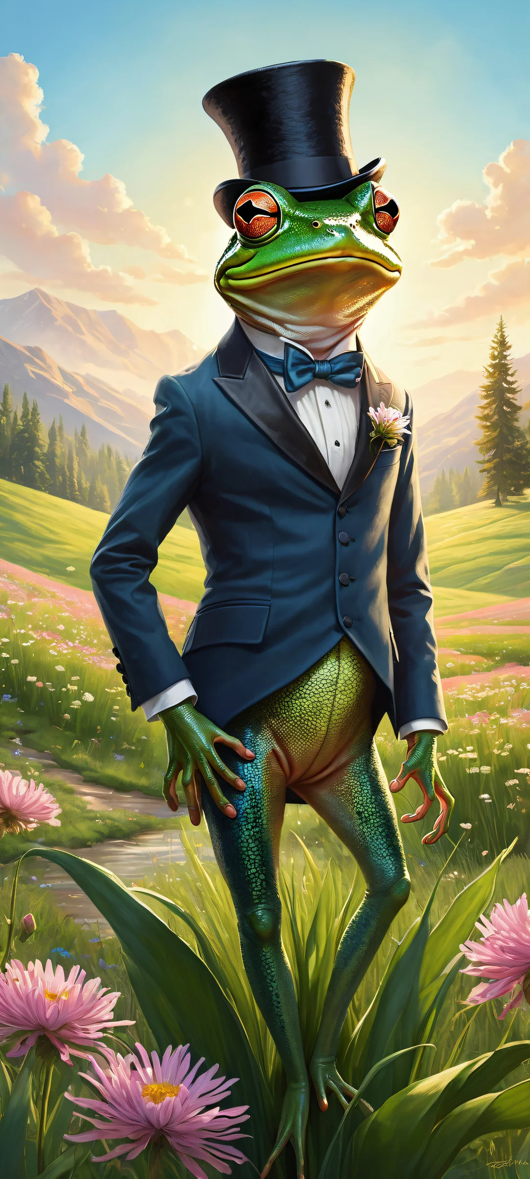 A whimsical frog rides a giant mouse, holding a black top hat, set against a serene meadow background with iPhone/Android devices in mind.