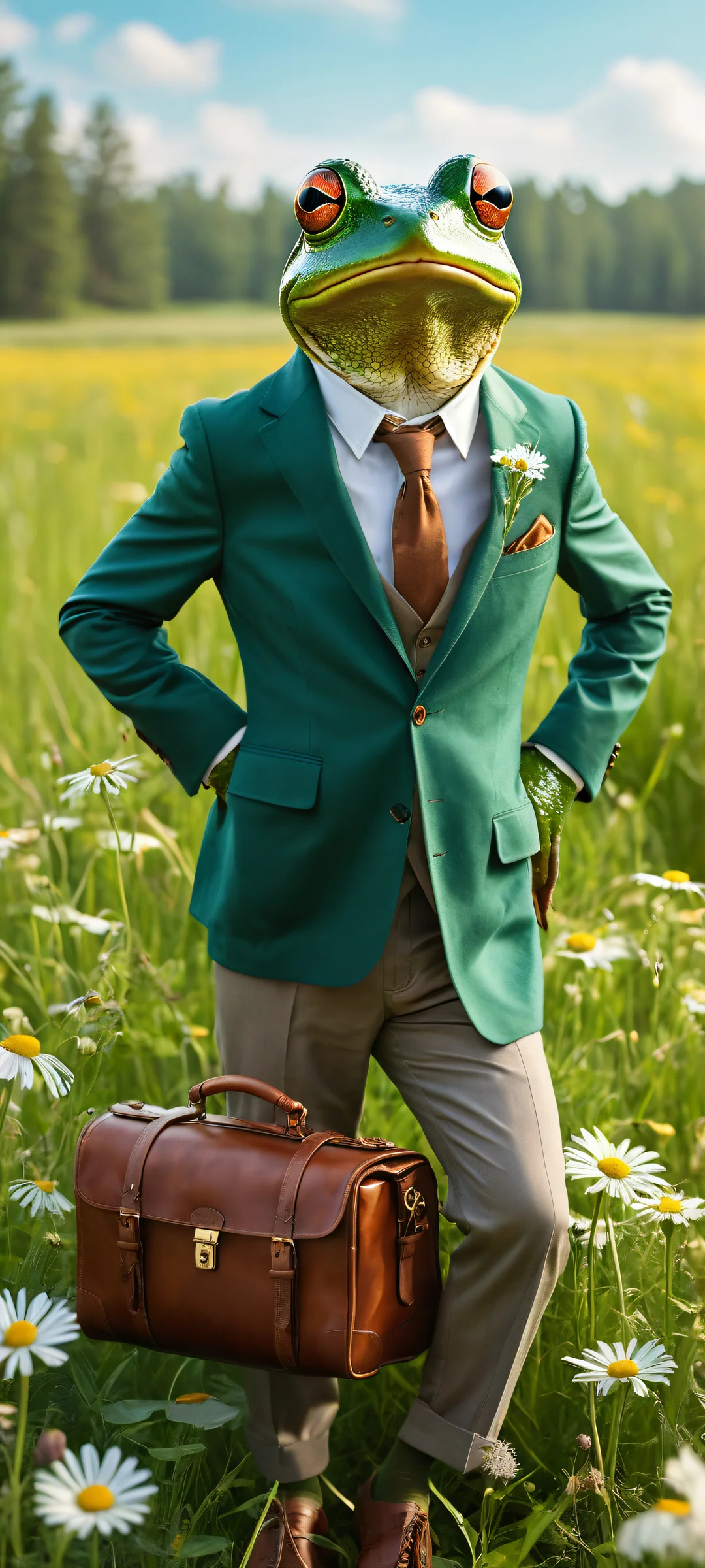 A whimsical frog in a tailored suit riding a huge mouse with a leather saddle, iPhone/Androidのホーム画面に最適