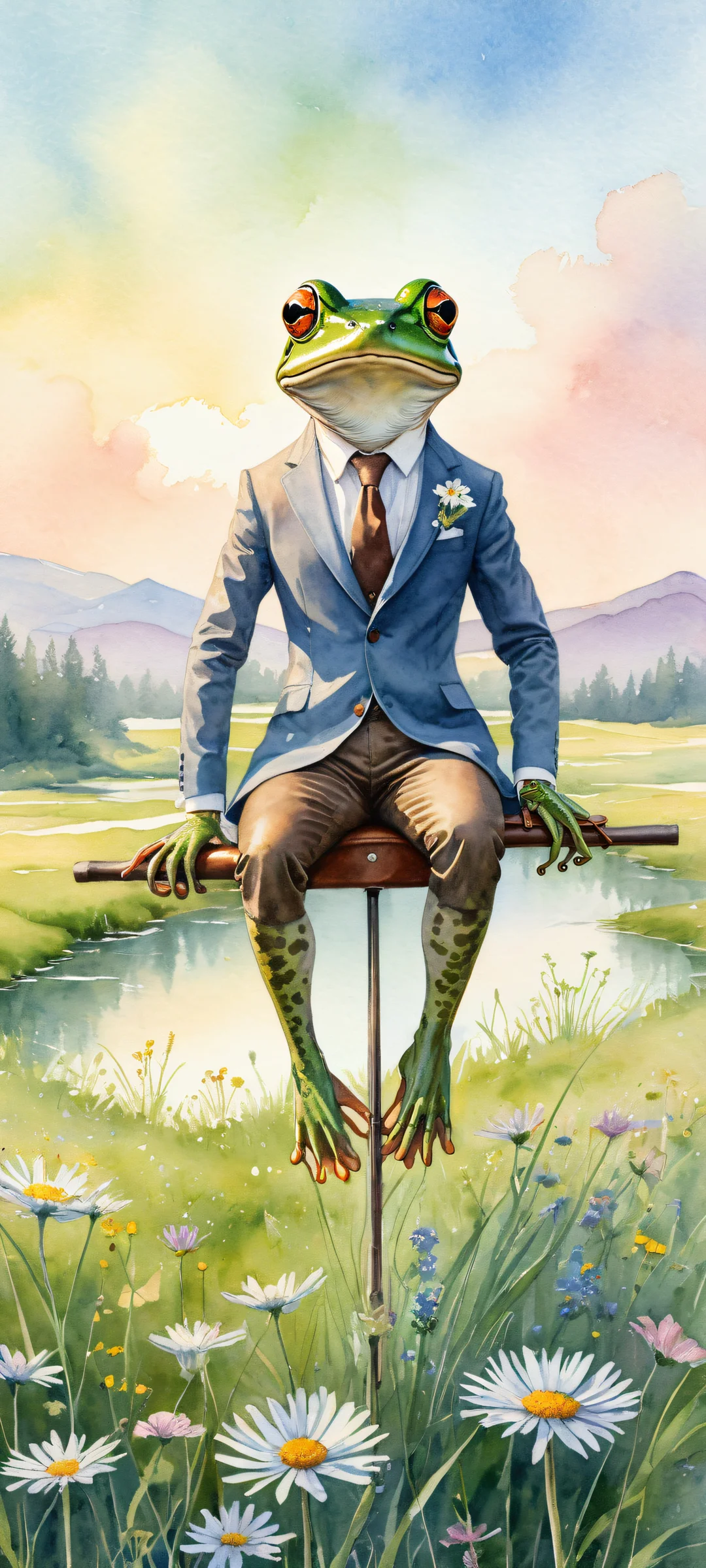 A whimsical frog in a tailored suit riding a huge mouse with a leather saddle, perfect for iPhone/Android home screens.