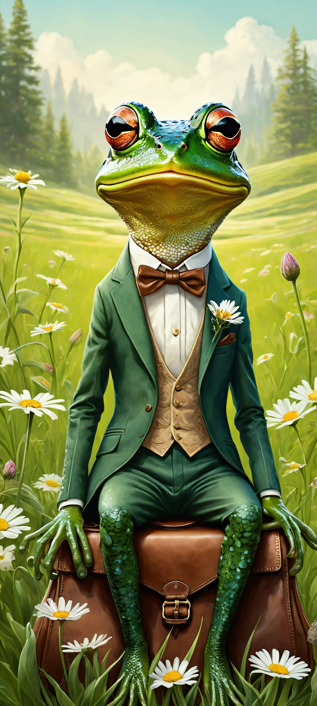 A whimsical frog riding a mouse against a serene meadow background for iPhone/Android, perfekt für Home-Bildschirme.