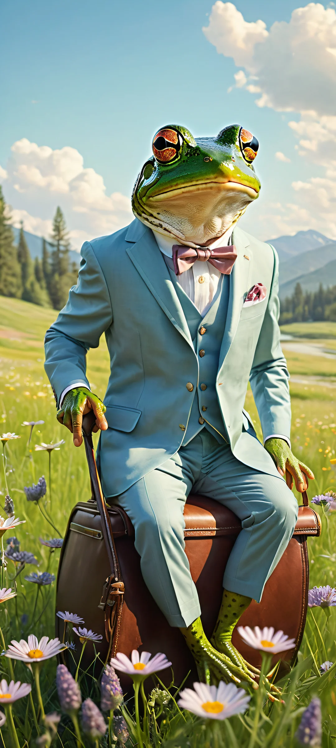 A whimsical frog in a tailored suit rides a huge mouse with a leather saddle against a meadow background. Perfectly optimized for iPhone, Samsung Galaxy, and Android home screens.