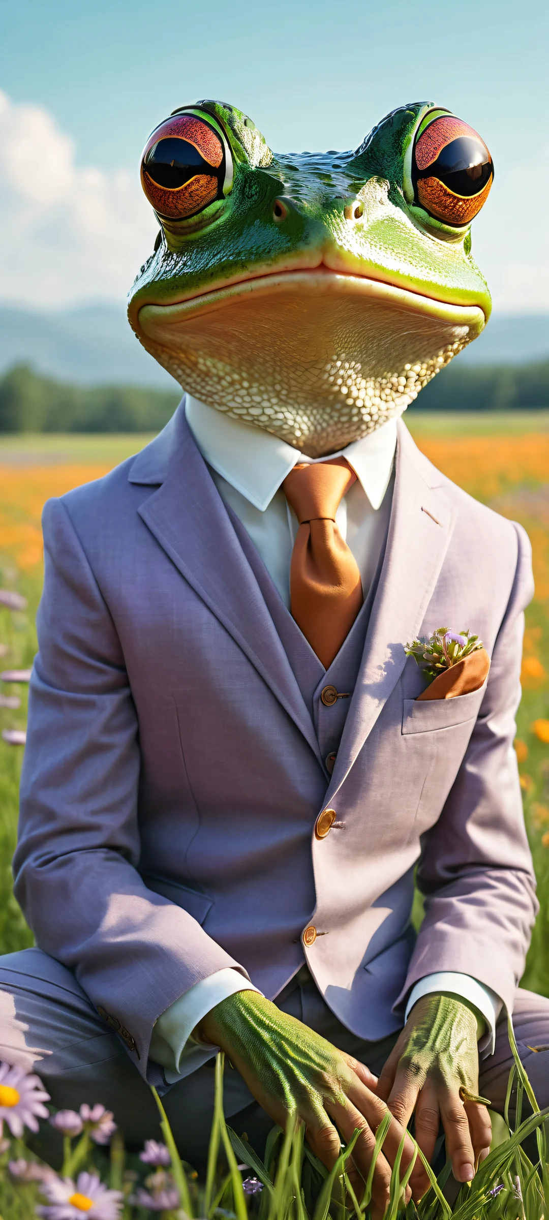 Ein skurriler Frosch in einem maßgeschneiderten Anzug reitet auf einer riesigen Maus mit Ledersattel, perfekt optimiert für iPhone/Android-Startbildschirme.