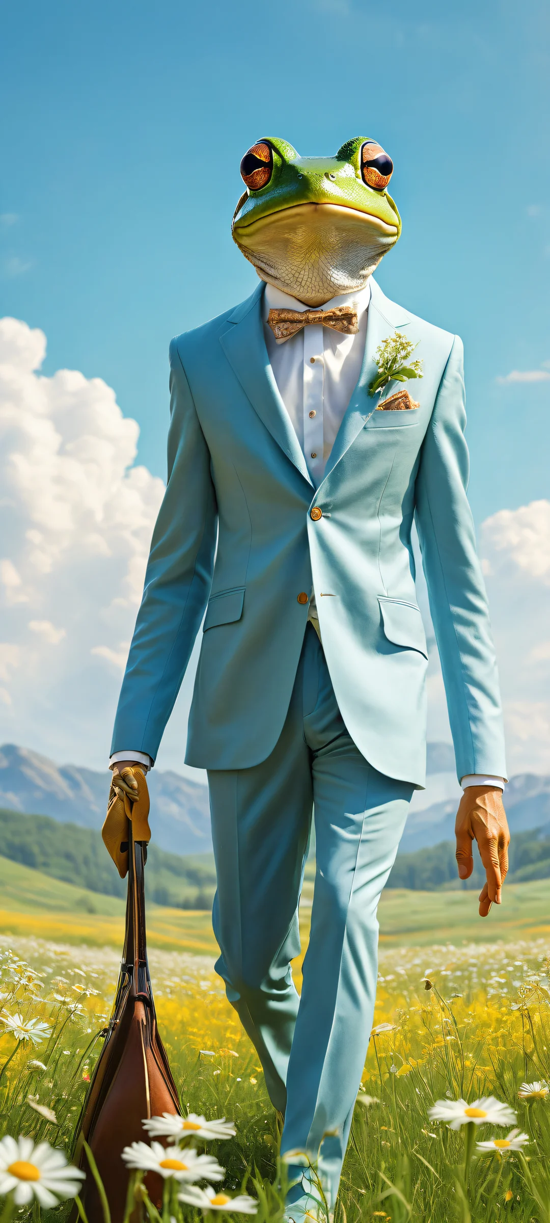 A whimsical frog in a tailored suit riding a huge mouse with a leather saddle, iPhone と Android のホーム画面に完全に最適化.