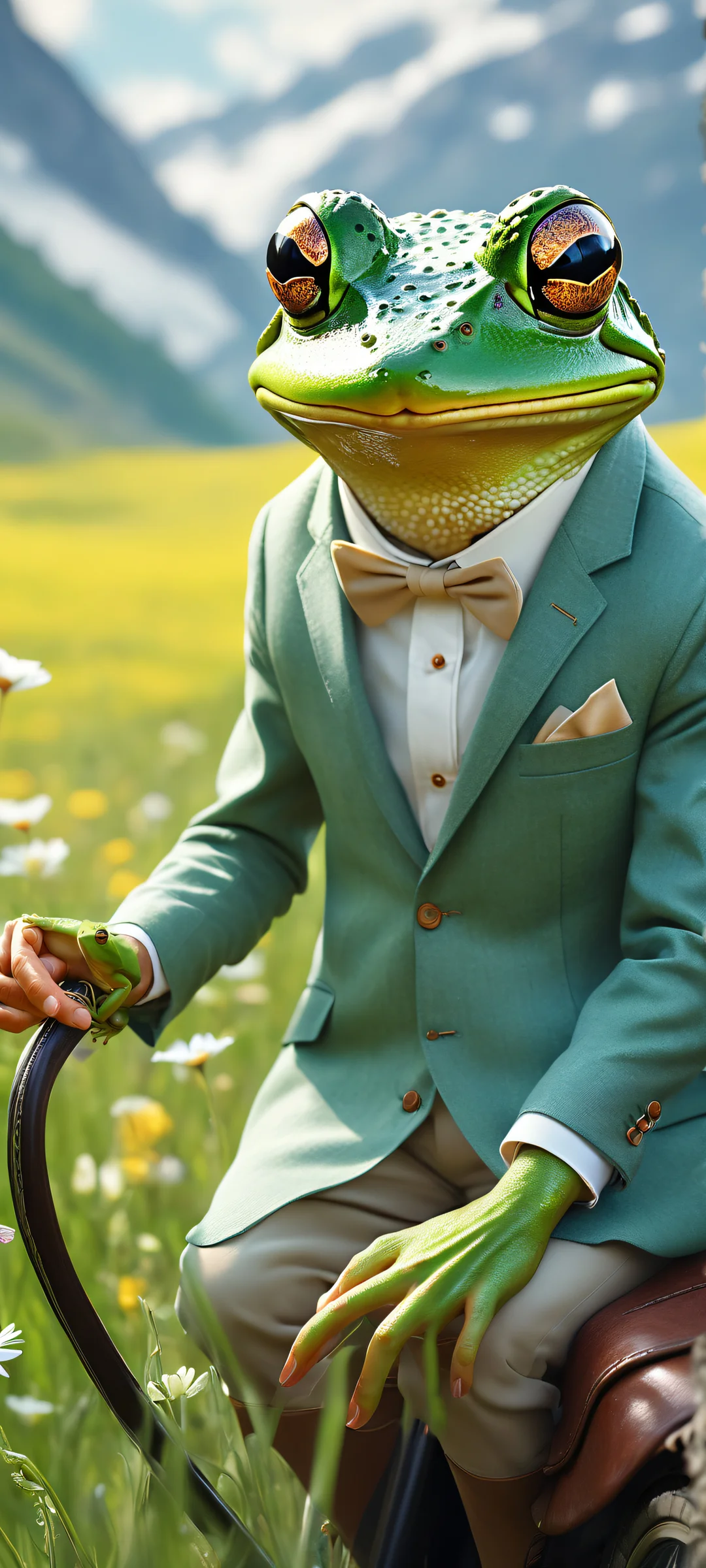 Whimsical Frog on Mouse Lock Screen for iOS & アンドロイド A whimsical frog in a tailored suit rides a huge mouse with a leather saddle, perfect for iPhone/Android wallpapers. Enjoy the soft wildflowers and green grass below.