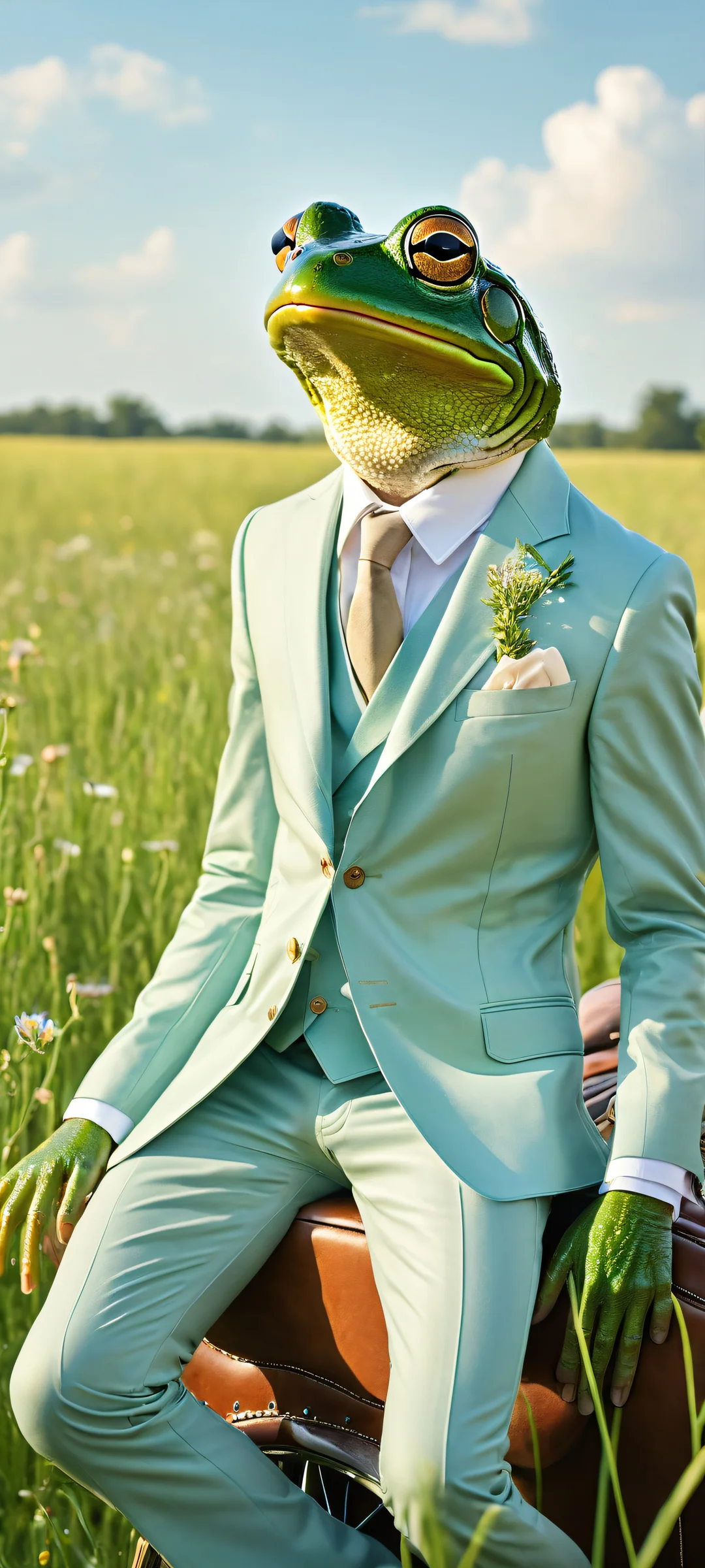 A whimsical frog perched on a leather saddle, set against a vast meadow background with soft wildflowers and green grass. Perfectly optimized for iPhone/Android home screens.