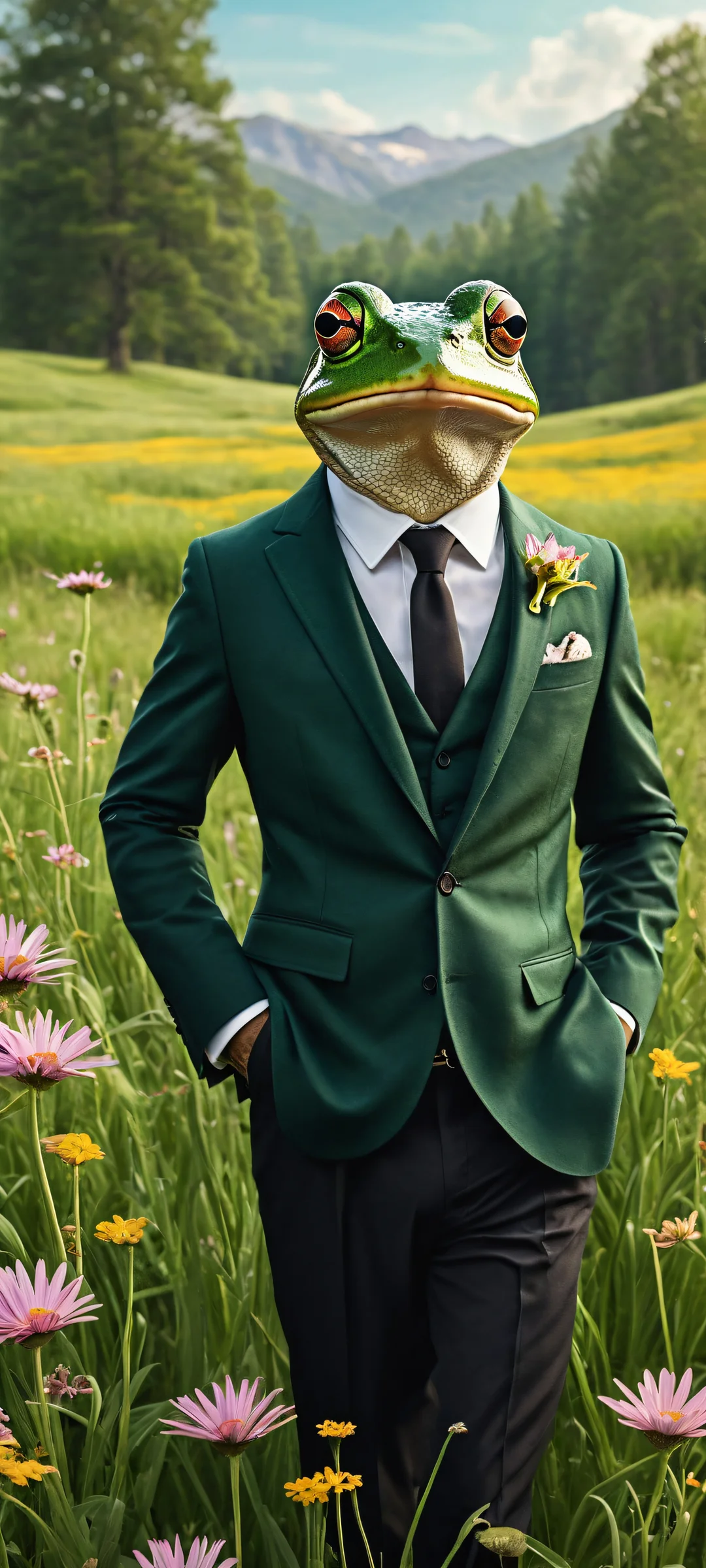 A whimsical frog in a tailored suit riding a huge mouse with leather saddle, perfect for iPhone/Android home screens.