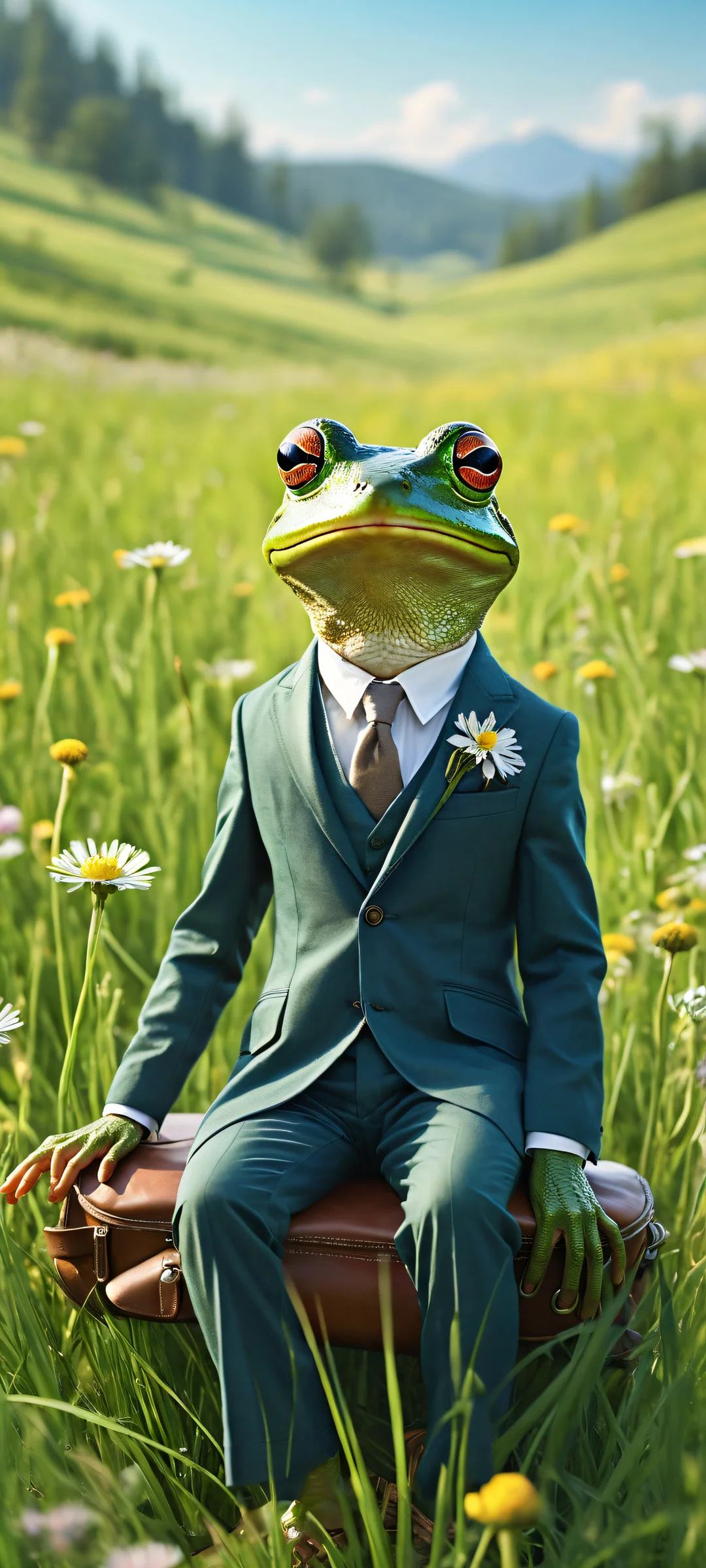A whimsical frog in a tailored suit riding a huge mouse with a leather saddle, placed on a sunny meadow background for iPhone/Android home screens.