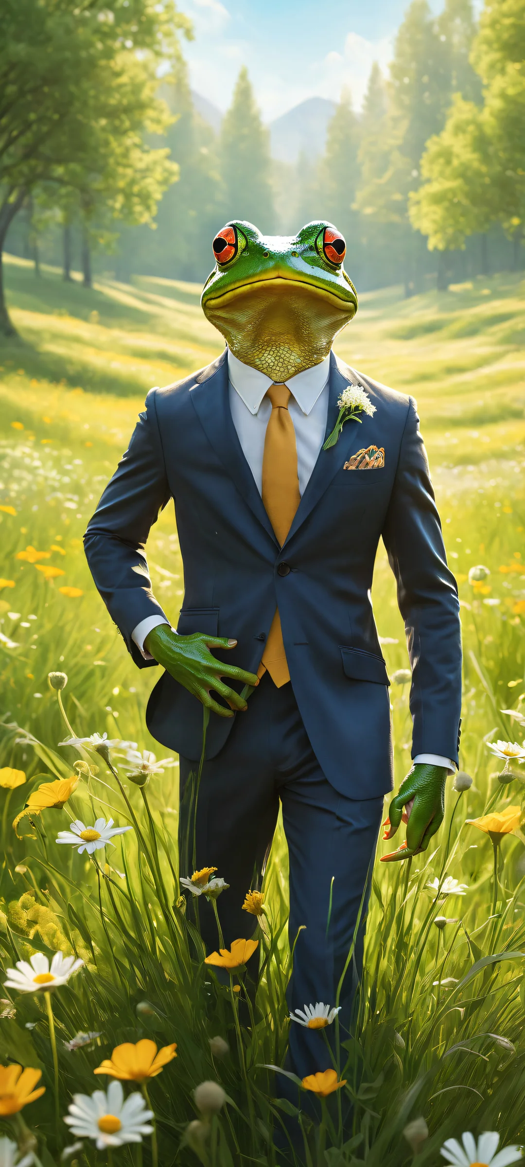 A stylized frog riding a mouse with intricate details and soft meadow background for iPhone and Android wallpapers