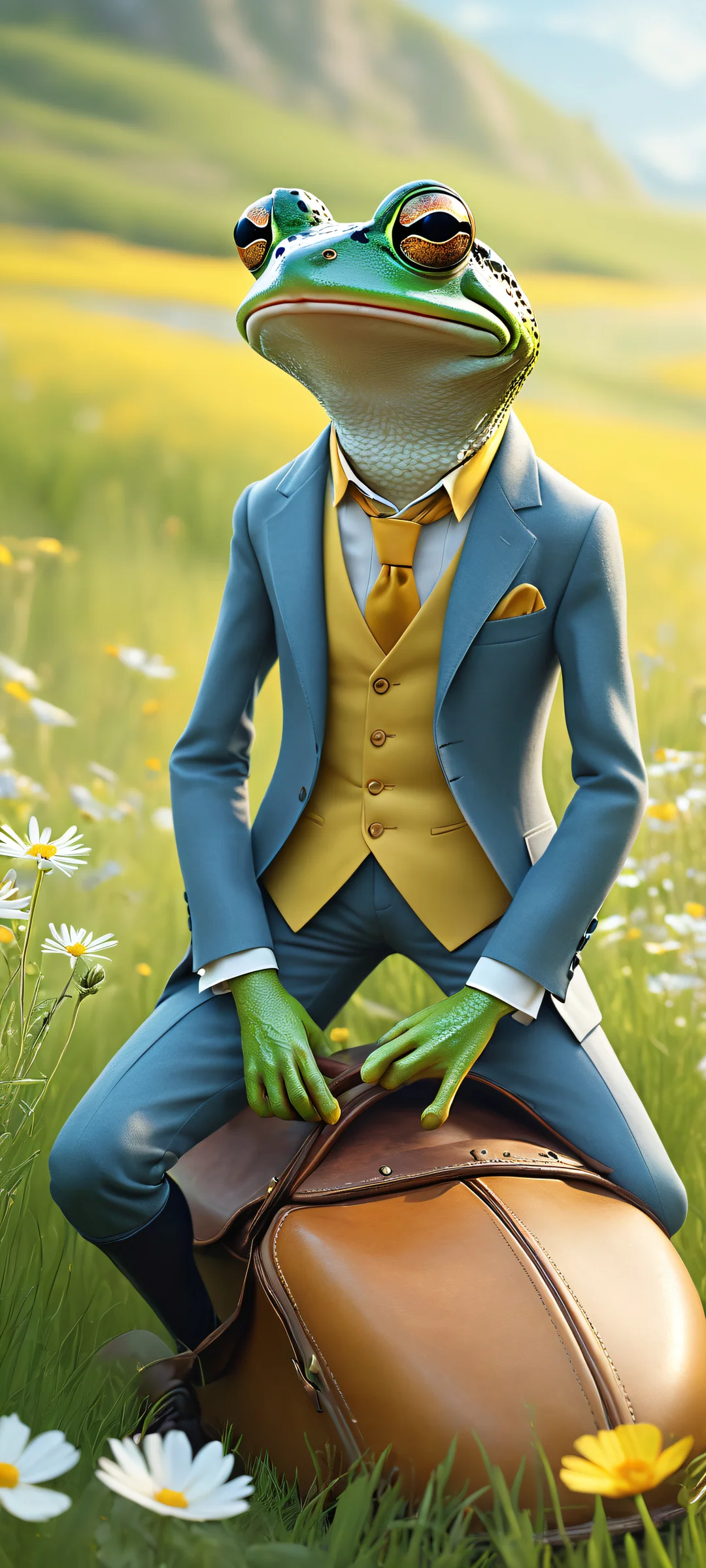 A whimsical frog in a tailored suit rides a huge mouse with a leather saddle on a meadow background, suitable for iPhone/Android home screens.