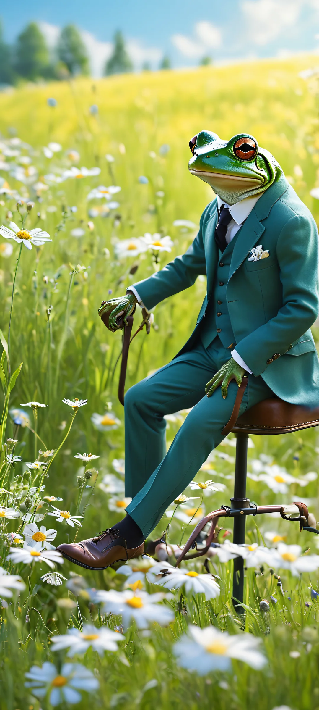 A whimsical frog in a tailored suit riding a huge mouse with a leather saddle, placed on a meadow background with soft wildflowers and green grass. Perfekt optimiert für das iPhone, Samsung Galaxy, und Android-Startbildschirme.