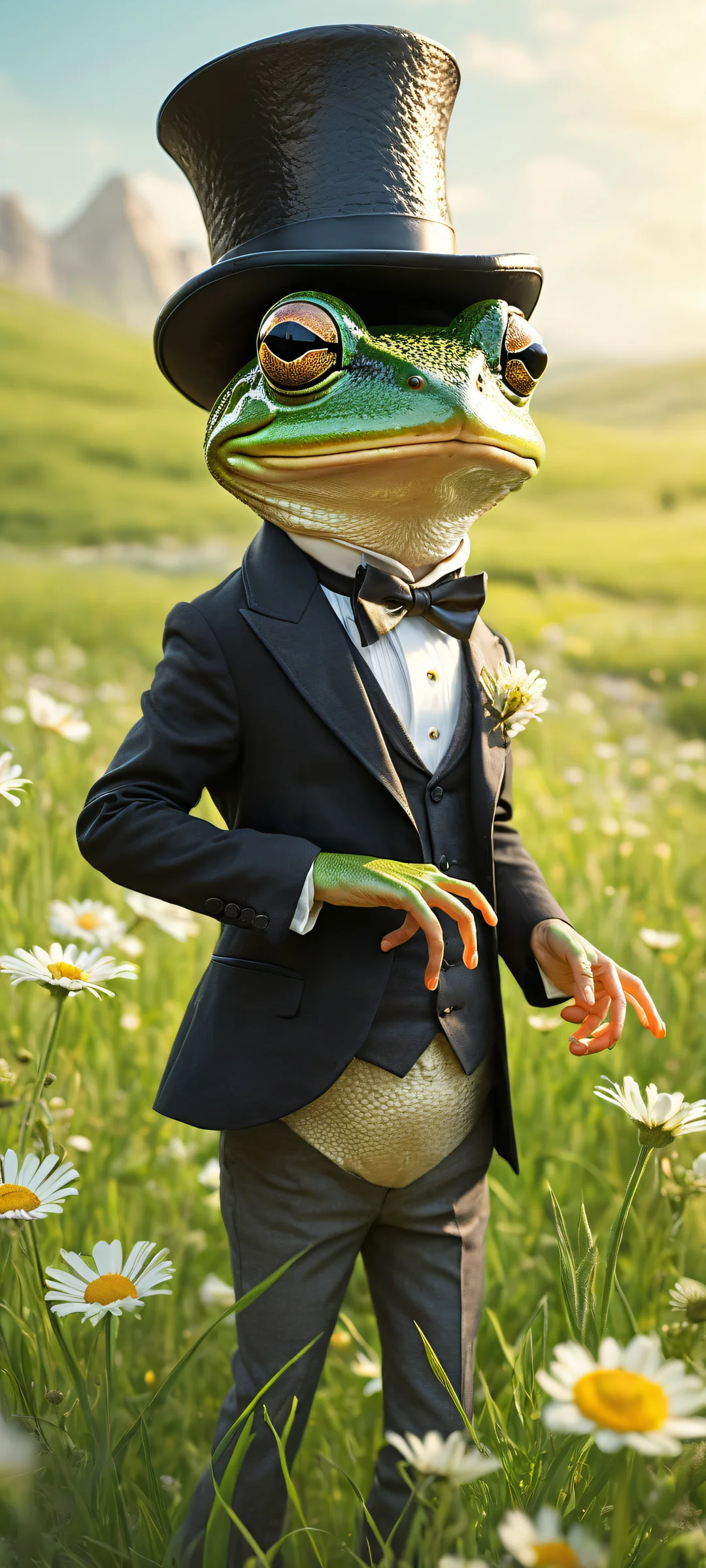 Whimsical Frog's Grand Adventure QHD Smartphone BackgroundPerfekt optimiert für iPhone/Android-Startbildschirme A whimsical frog riding a mouse in a tailored suit, with an empty top half and meadow background. Perfectly optimized for iPhone/Android home screens.
