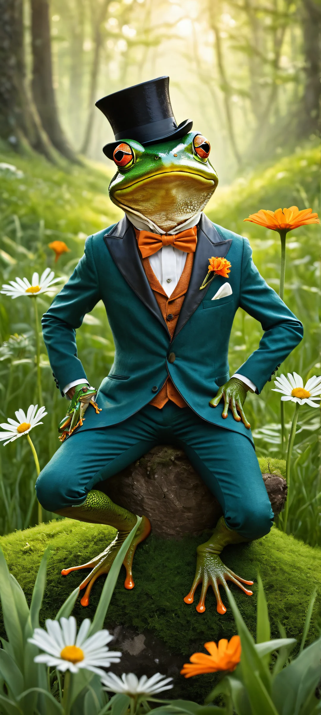 A fantastical artwork featuring a stylish frog riding a mouse, with intricate details and textures. Perfeito para telas iniciais de iPhone/Android.