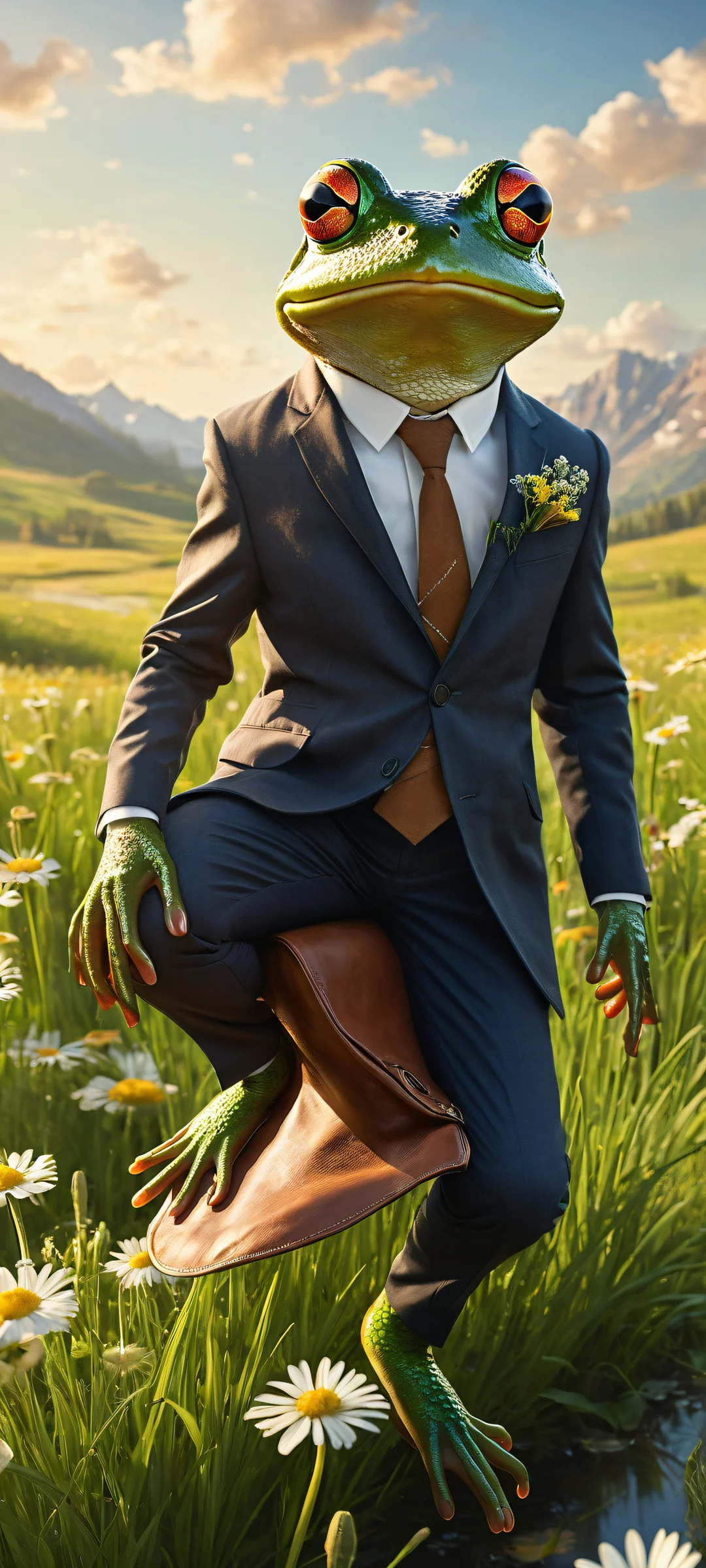 A whimsical frog in a tailored suit riding a huge mouse with a leather saddle, set against a meadow background with soft wildflowers and green grass. iPhone/Androidのホーム画面に最適.
