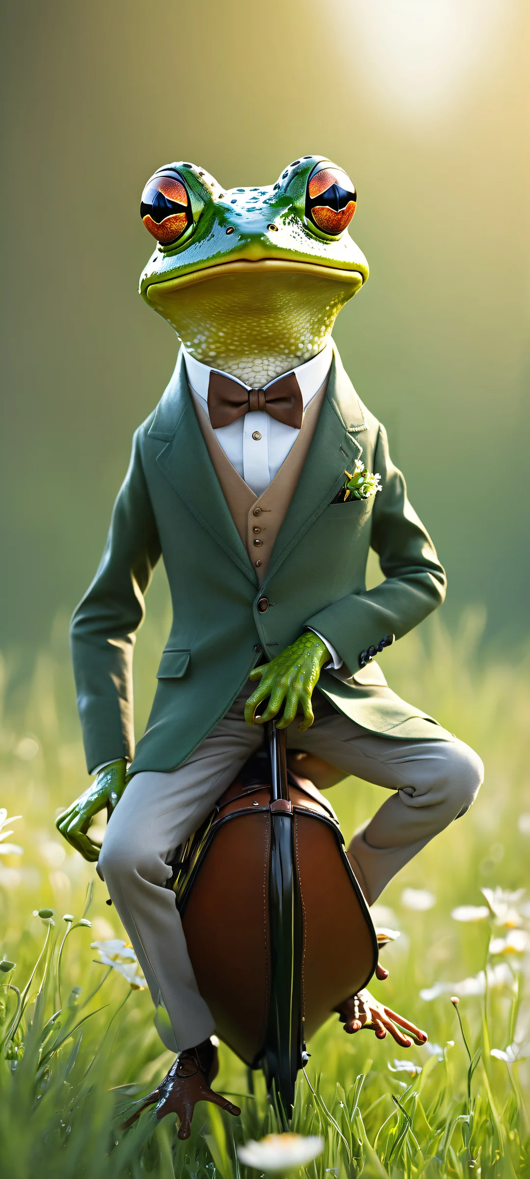 A whimsical frog in a tailored suit rides a huge mouse with a leather saddle, iPhone and Android compatible.