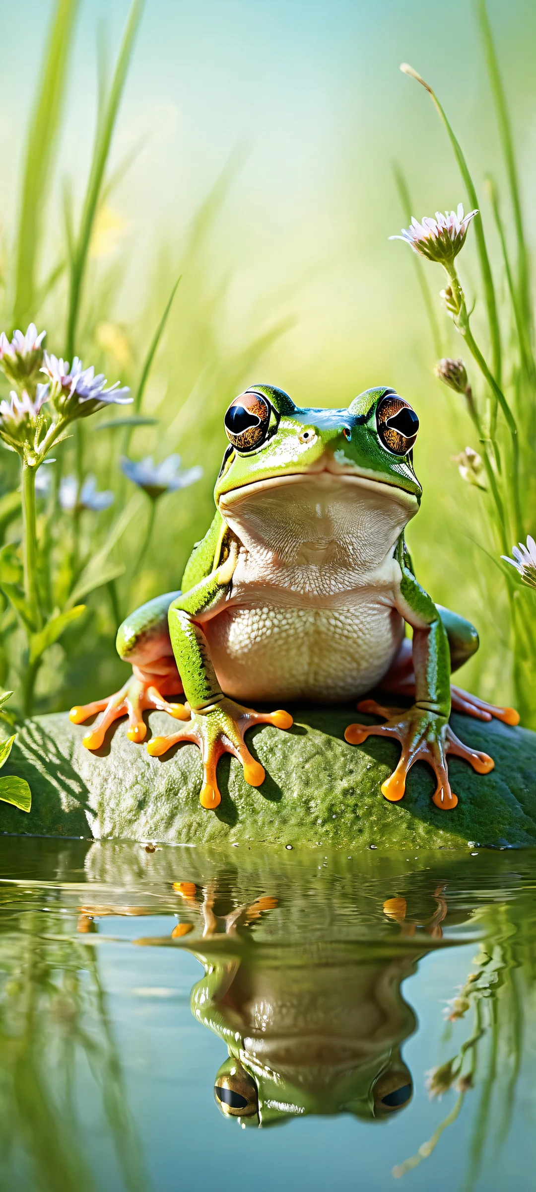 Whimsical Frog Sojourn Lock Screen for iOS & Android A stylish frog riding a mouse on a sunny meadow background with iPhone/Android in mind.