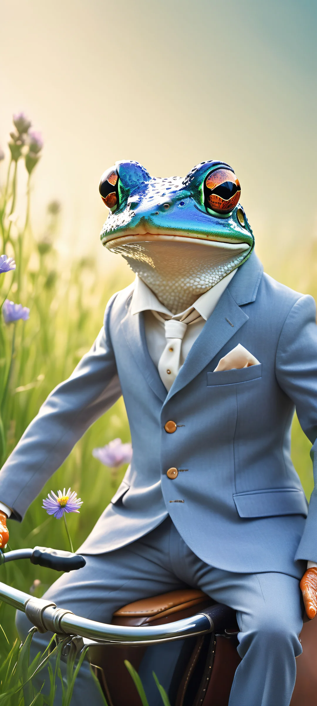 A whimsical frog in a tailored suit riding a huge mouse with a leather saddle, perfectly optimized for iPhone and Android home screens.
