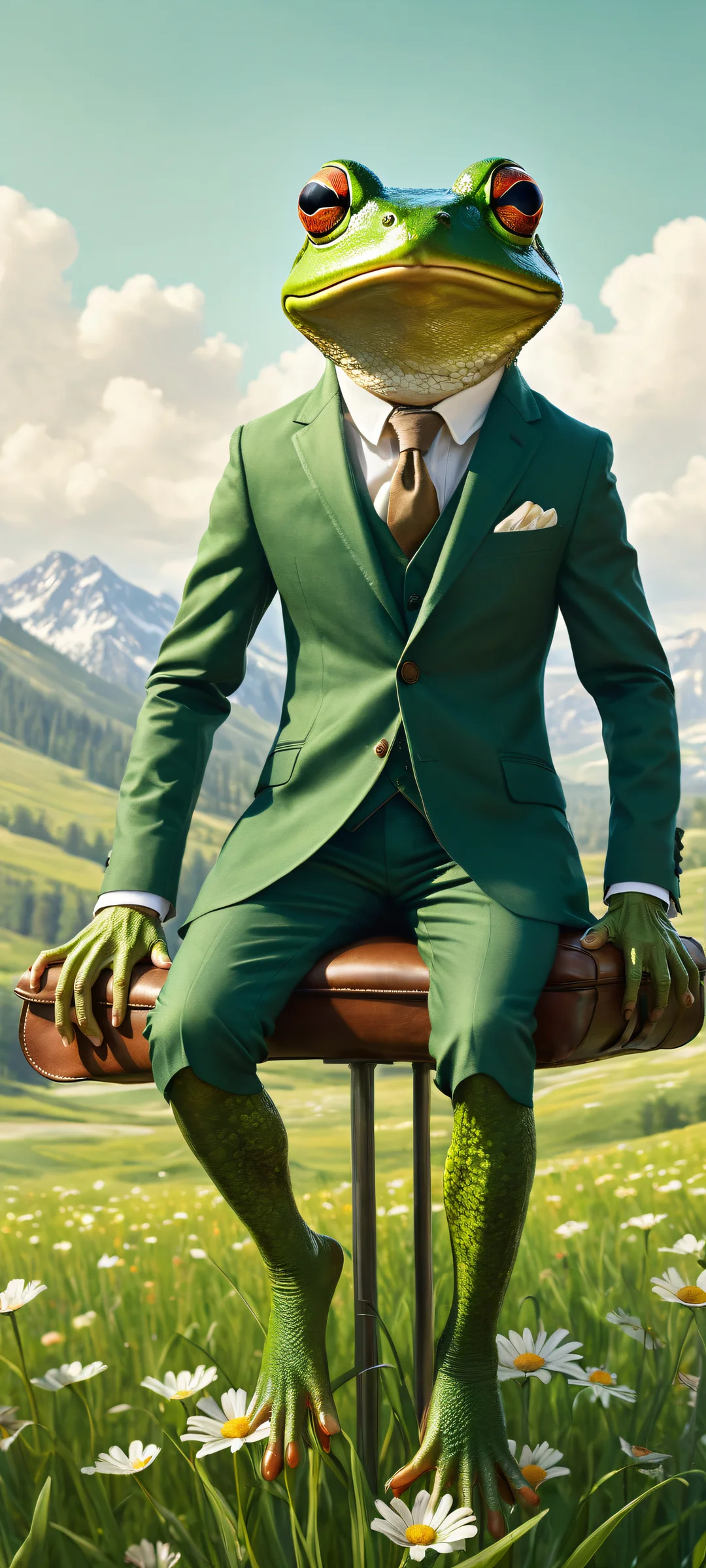 A whimsical frog in a tailored suit riding a huge mouse with a leather saddle, perfekt optimiert für iPhone- und Android-Startbildschirme.