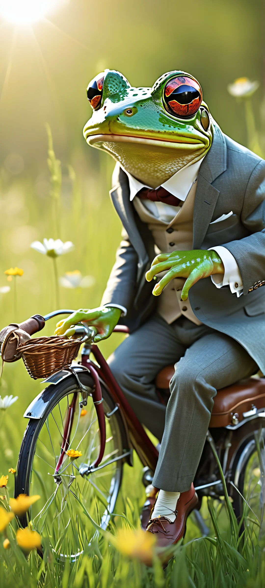 A whimsical frog in a tailored suit riding a huge mouse with a leather saddle on the lower-middle of an empty top half with vast pure void, meadow background and soft wildflowers for iPhone/Android.