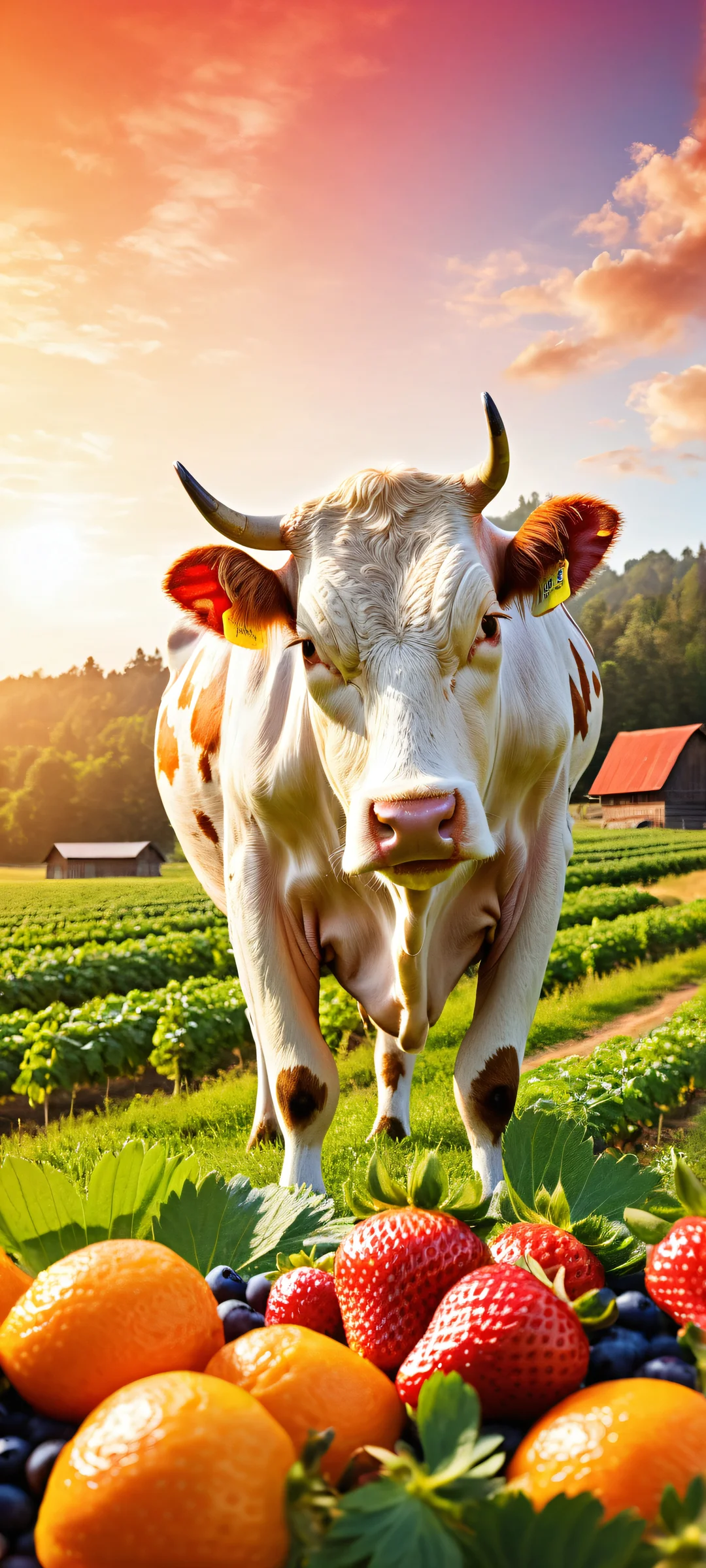 iPhone/Android beautiful landscape featuring a giant strawberry, orange, and blueberry being milked by a farmer in overalls and straw hat, with an empty top half for unobstructed UI breathing space.