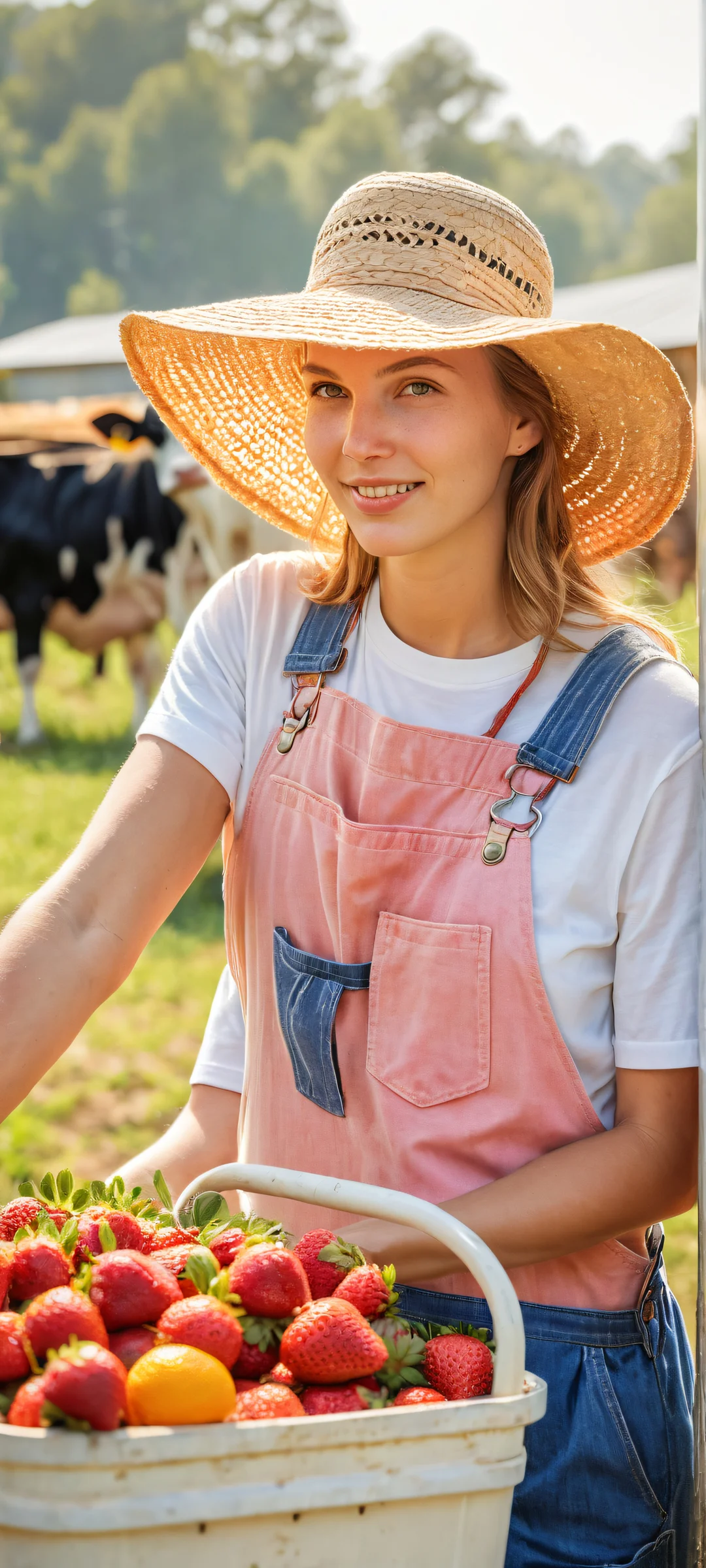 A cow-sized strawberry, orange, and blueberry stand together, with a farmer in overalls and straw hat milking them. Perfect for iPhone or Android home screens.