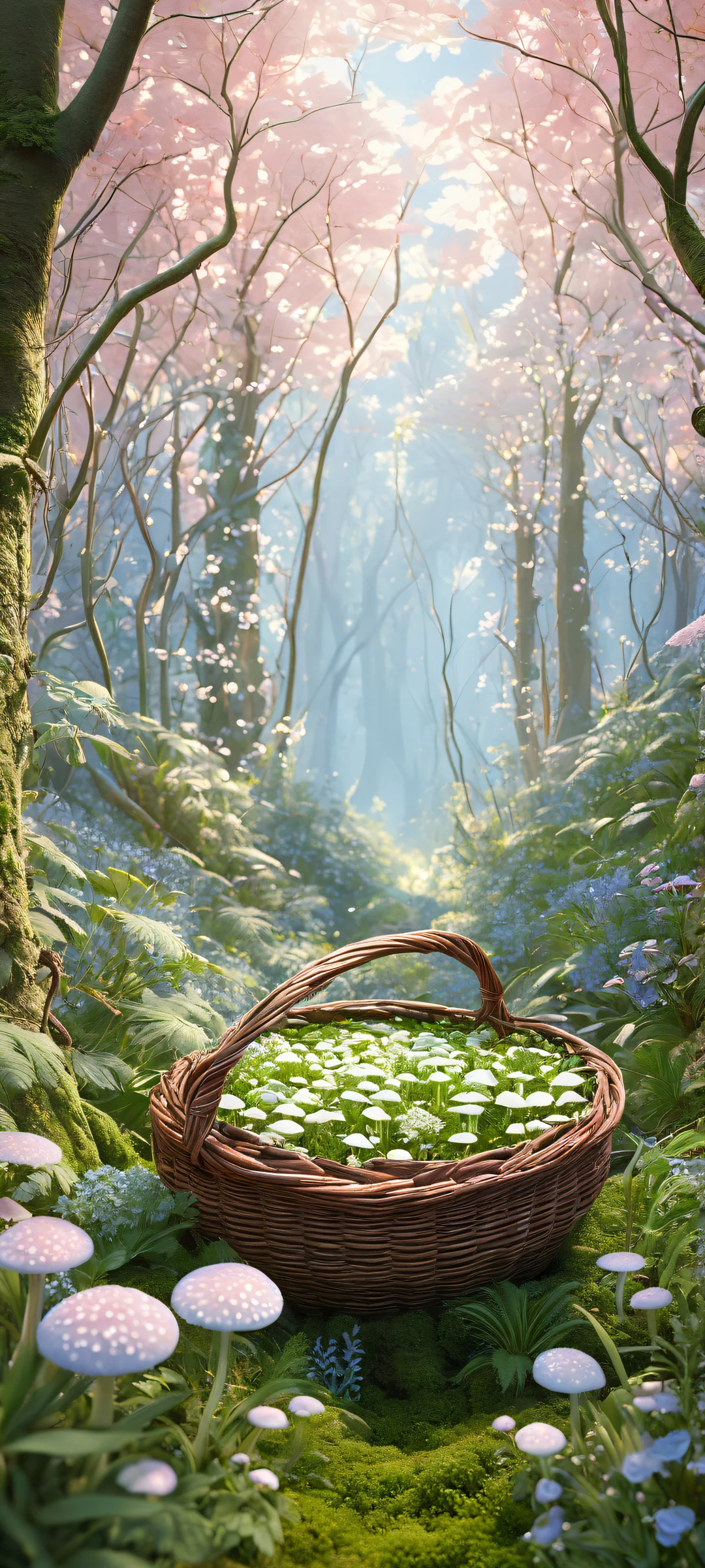 Whimsical Herbal Sanctuary 2K QHD Mobile Wallpaperperfekt optimiert für iPhone- und Android-Startbildschirme A serene witch's favorite herbs arrangement on a mystic forest floor, perfectly optimized for iPhone and Android home screens.