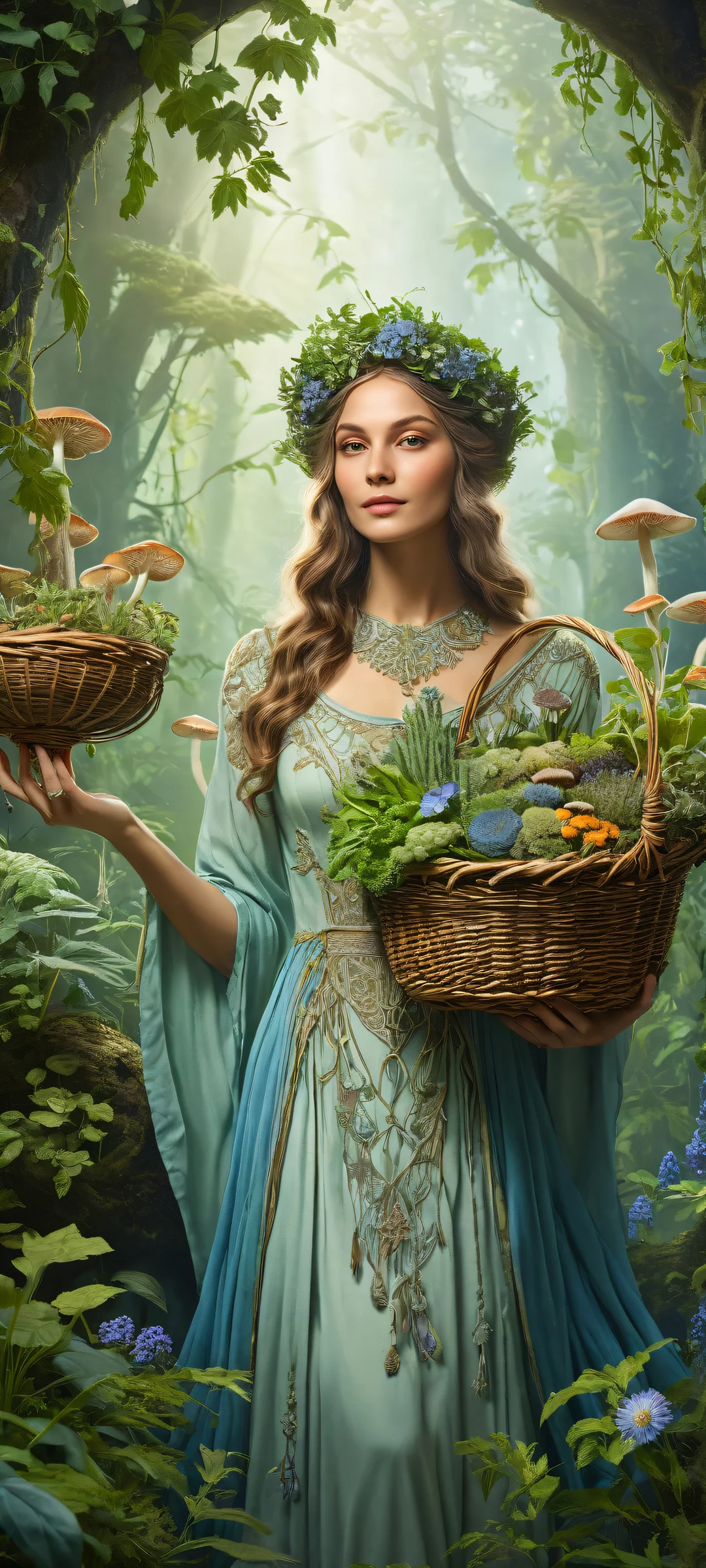 Delicate witch holding a grab basket filled with intricate details of various herbs, plants, and fungi. Perfectly optimized for iPhone, Samsung Galaxy, and Android home screens.