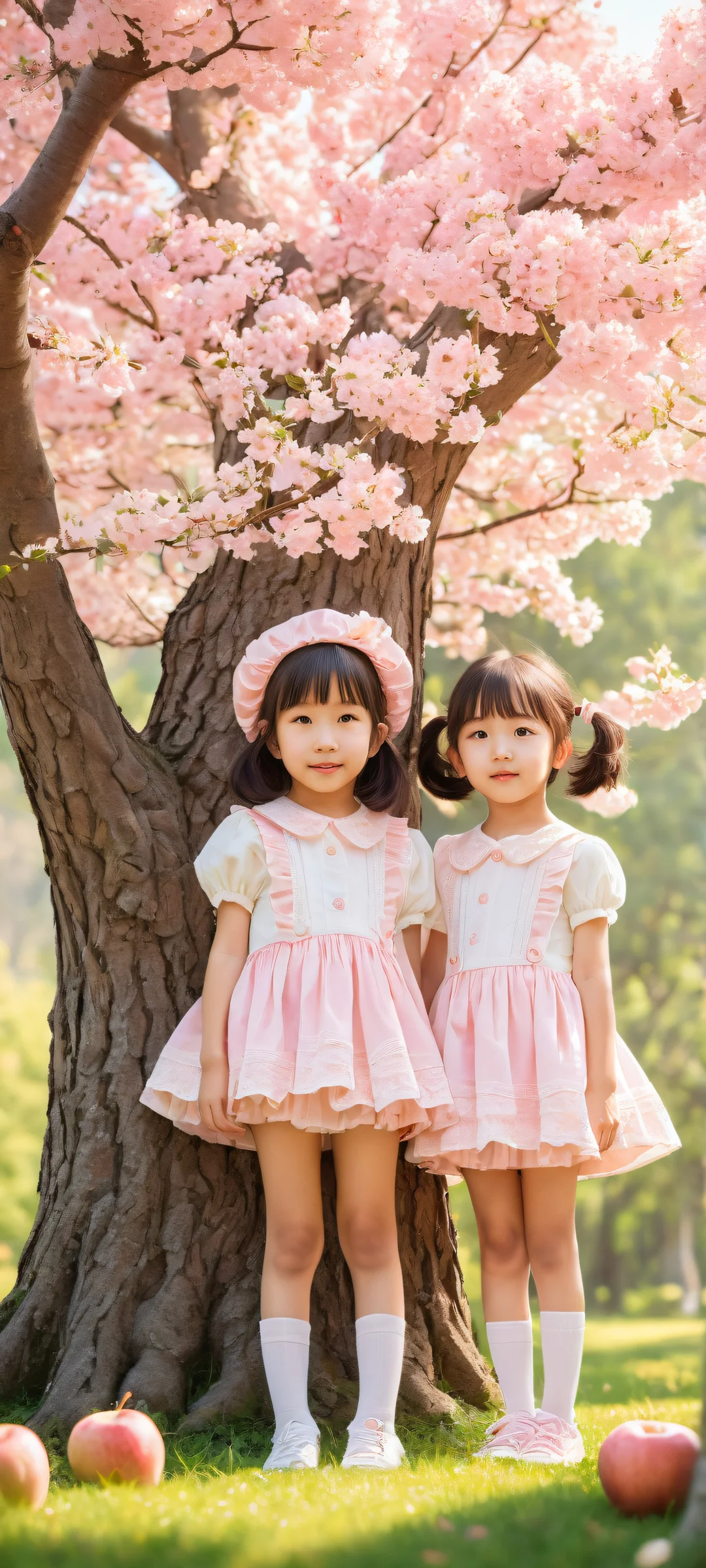 A stunning portrait of adorable kawaii girls on iPhone/Android, with intricate micro-details and a serene tree-grass environment. Perfeitamente otimizado para telas iniciais.