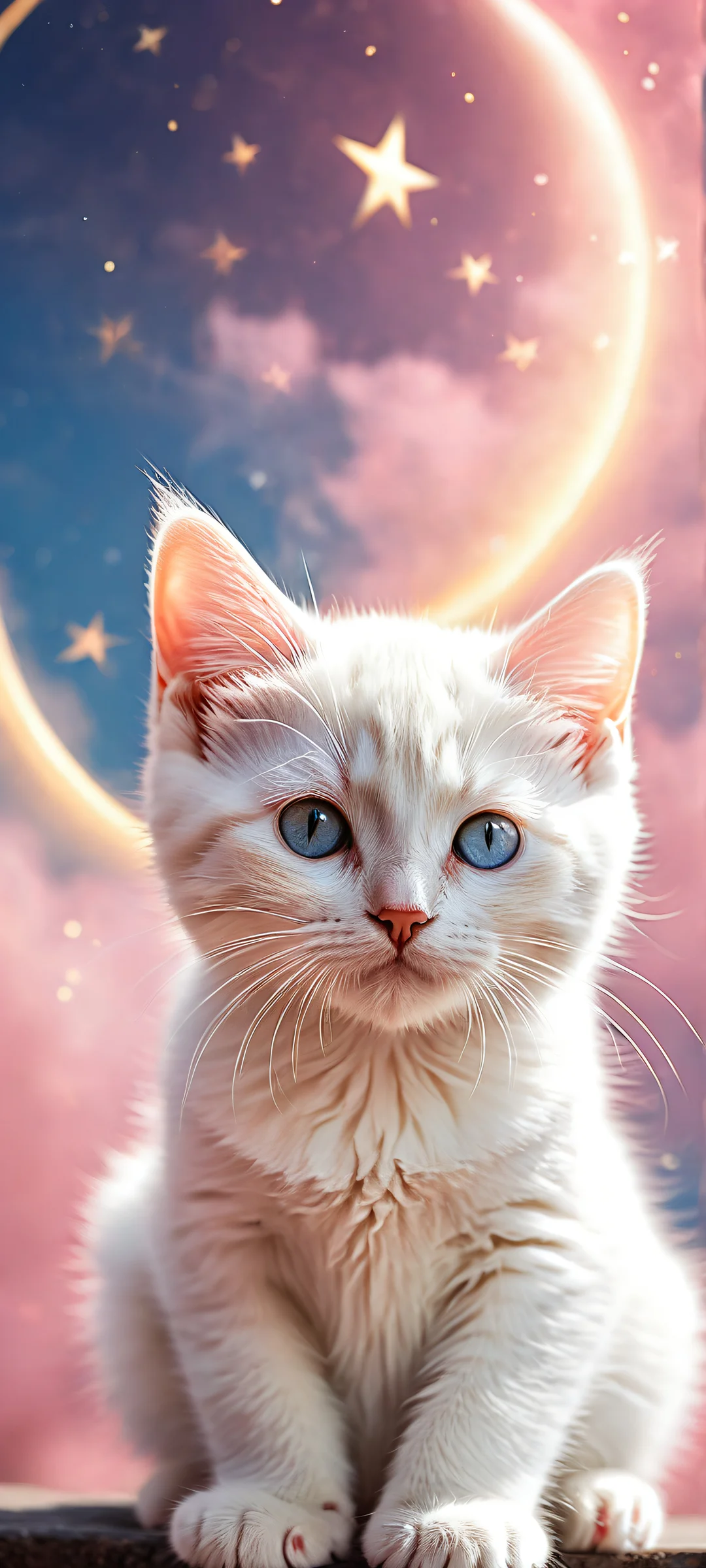 Whimsical Kitten in Celestial Harmony Lock Screen for iOS & アンドロイドiPhone/Androidのホーム画面に最適 A dreamy kitten surrounded by crescent moon, white clouds, and shooting stars on a dark background, perfect for iPhone/Android home screens.