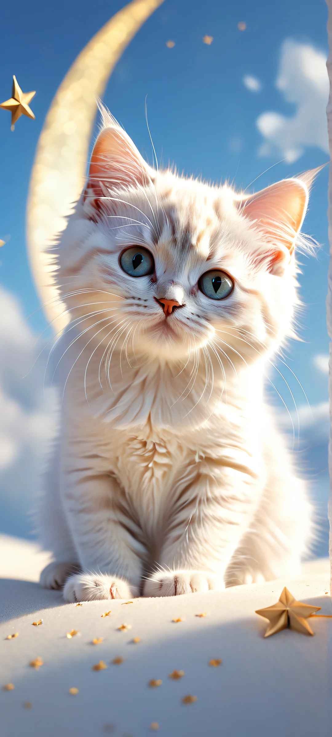 A whimsical kitten featureless figure placed in the lower-middle of a crescent moon, white fluffy clouds, and gold dusted shooting stars leaving trails of lights behind. Perfectly clean and empty top half for seamless integration with iPhone/Android home screens.