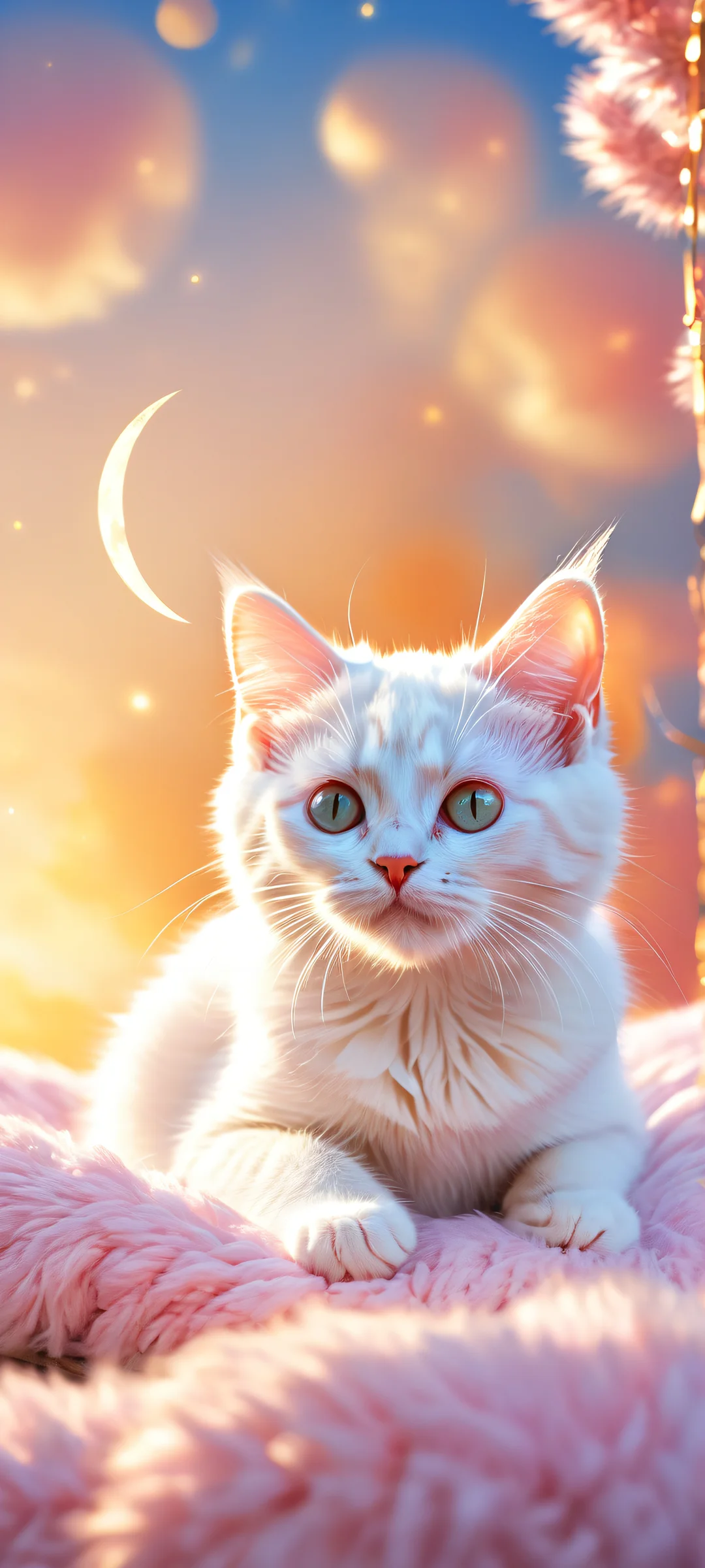 A dreamy kitten amidst crescent moon-like body, fluffy clouds, and gold-dusted shooting stars on a pristine background, perfectly optimized for iPhone, Samsung Galaxy, and Android home screens.