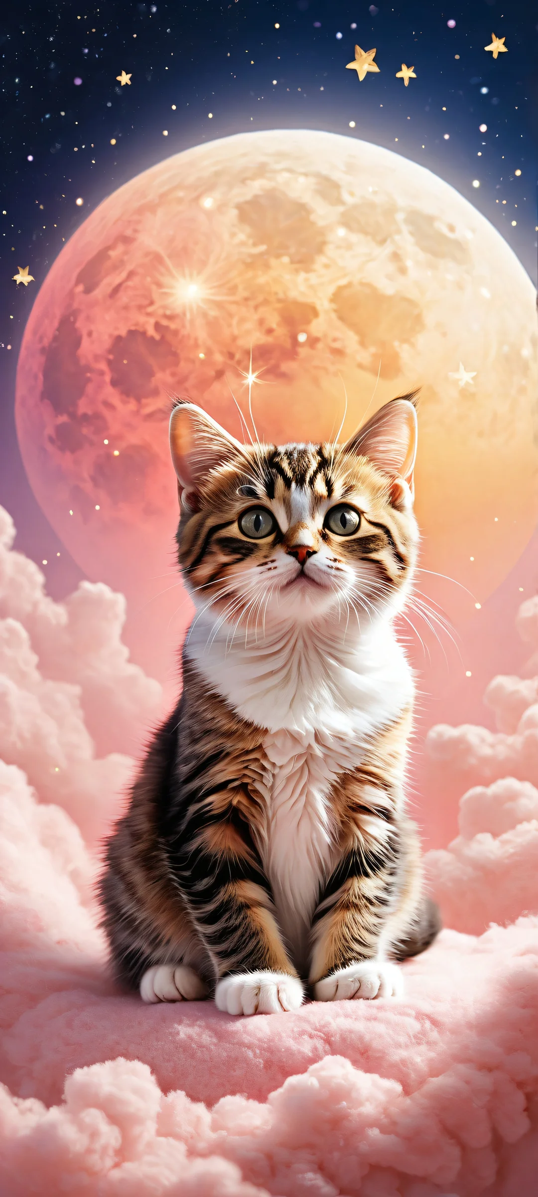 A whimsical kitten features in a stunning dreamscape artwork on iPhone and Android devices, with intricate details and a sleek dark mode aesthetic.