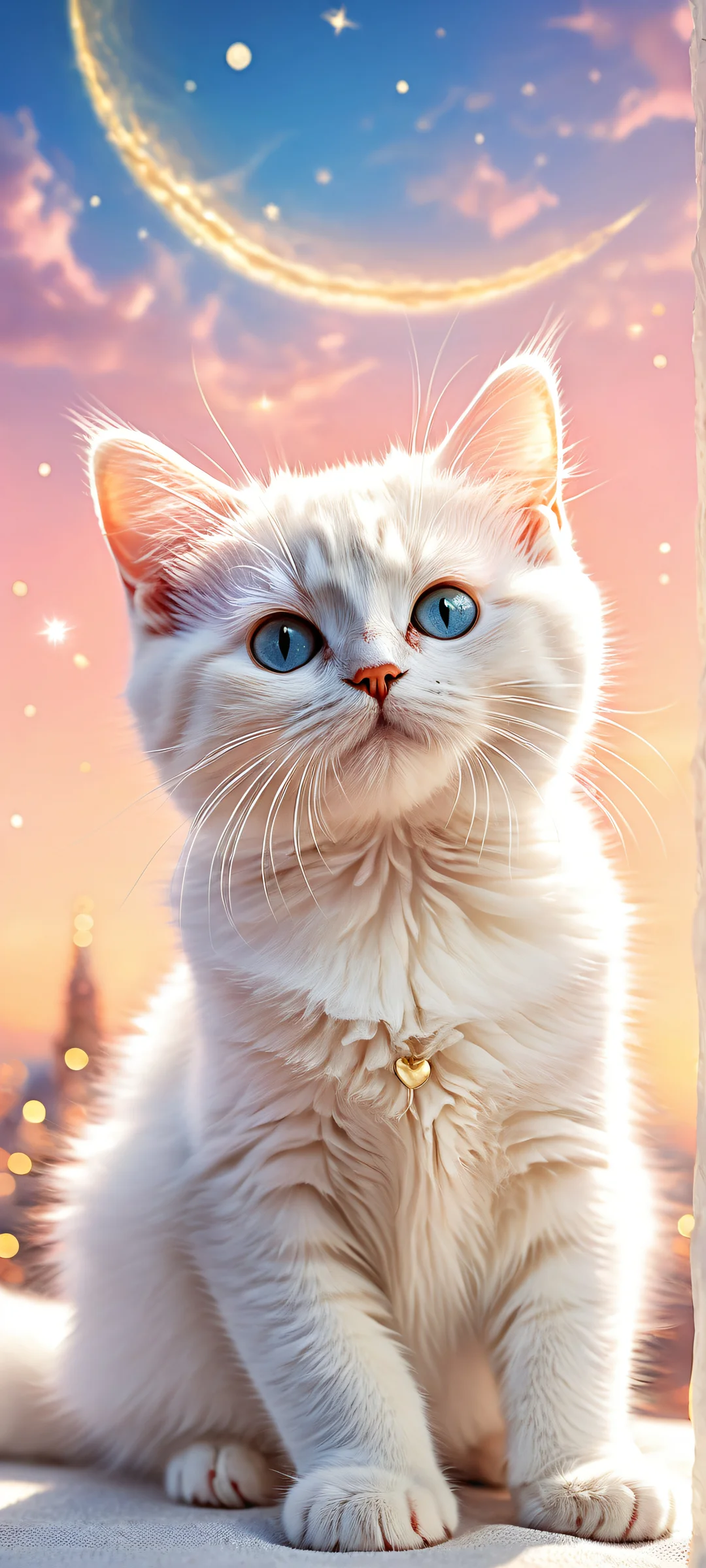 A dreamy kitten sitting on a cat bed under a crescent moon with stars and fluffy clouds, perfect for iPhone/Android home screens.